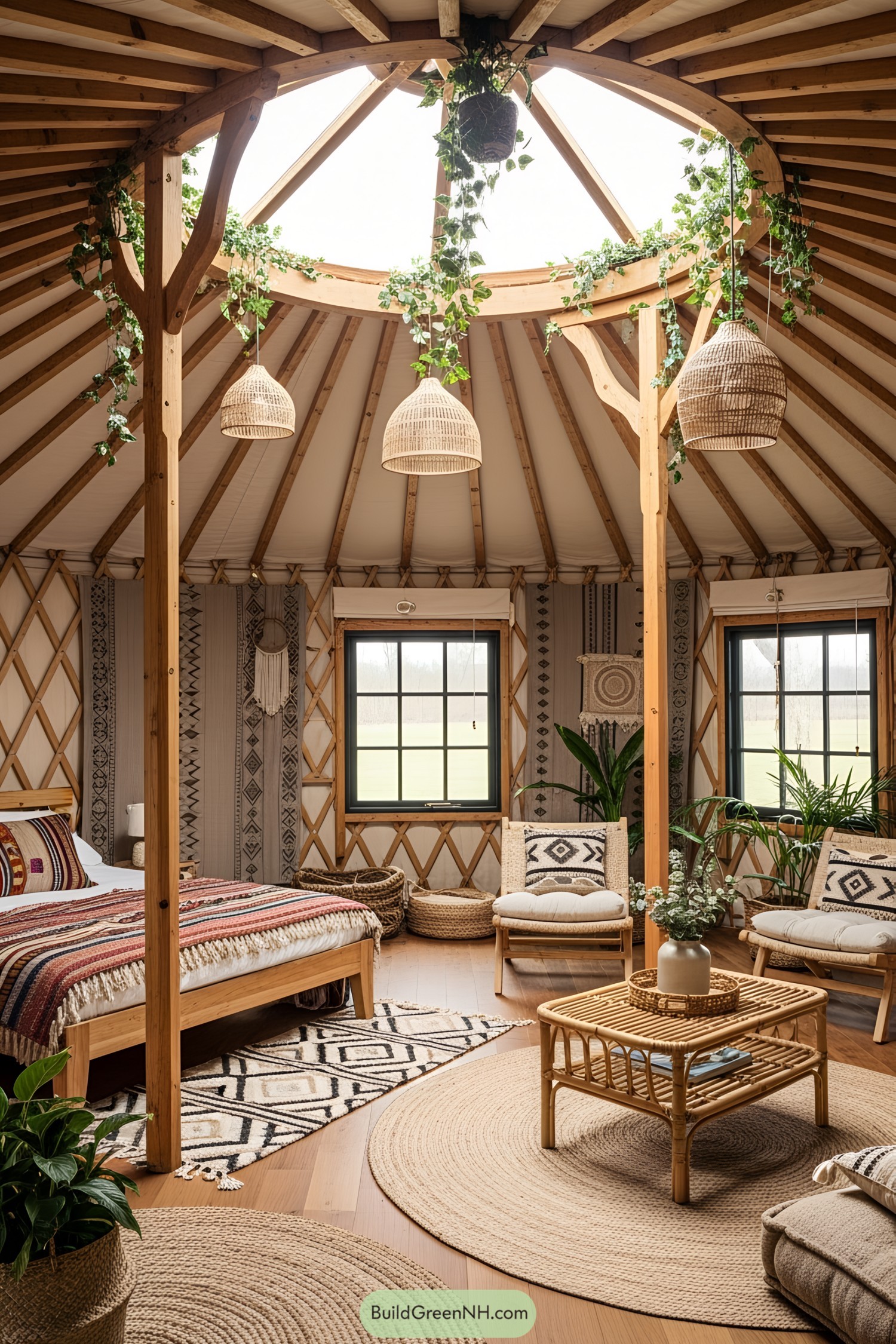 Yurt interior with wooden beams and hanging plants