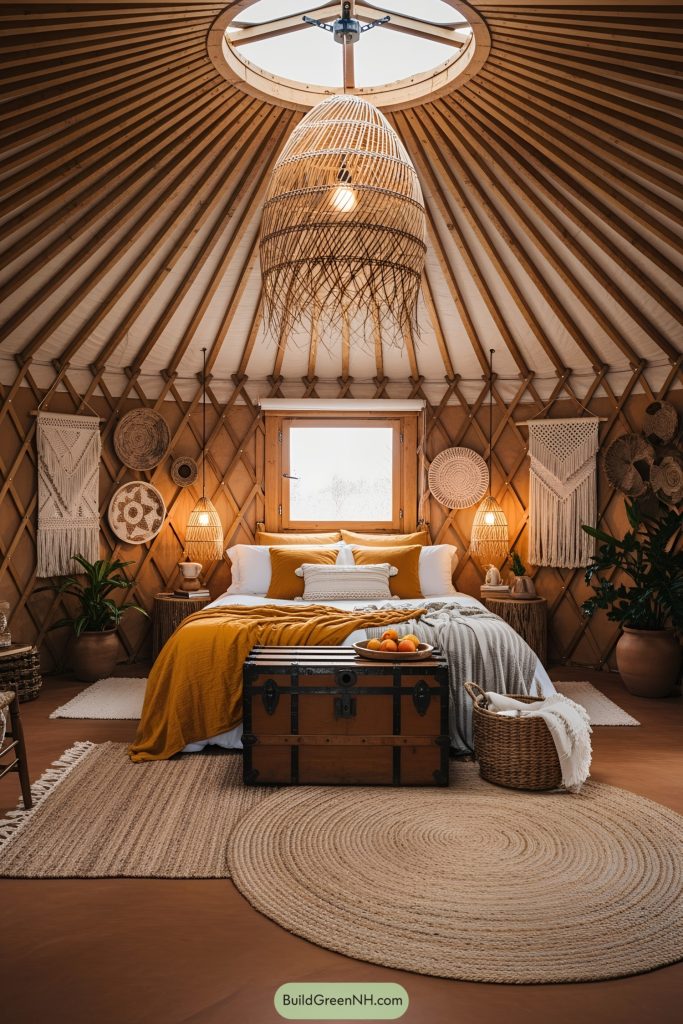 Yurt interior with a cozy bedroom setting, embodying a bohemian rustic aesthetic characterized by earthy tones and natural textures. The palette centers on warm ochres, clay browns, and soft neutrals, accentuated by woven elements and raw wood. Architectural details include a vaulted, radial ceiling in wood, walls finished in textured adobe, and a small, traditional glass window for soft natural light. The floor is layered with a large, round woven rug atop earthy compacted flooring. The ceiling is crowned by a large, woven pendant light that amplifies the natural theme. Furnishings comprise a central bed dressed in crisp linen and mustard-toned textiles, anchored by a vintage wooden trunk at the foot. Accessories feature woven wall hangings, artisanal pottery, and a minimal tray with fruit, while a few potted plants add subtle greenery, enhancing the organic atmosphere.