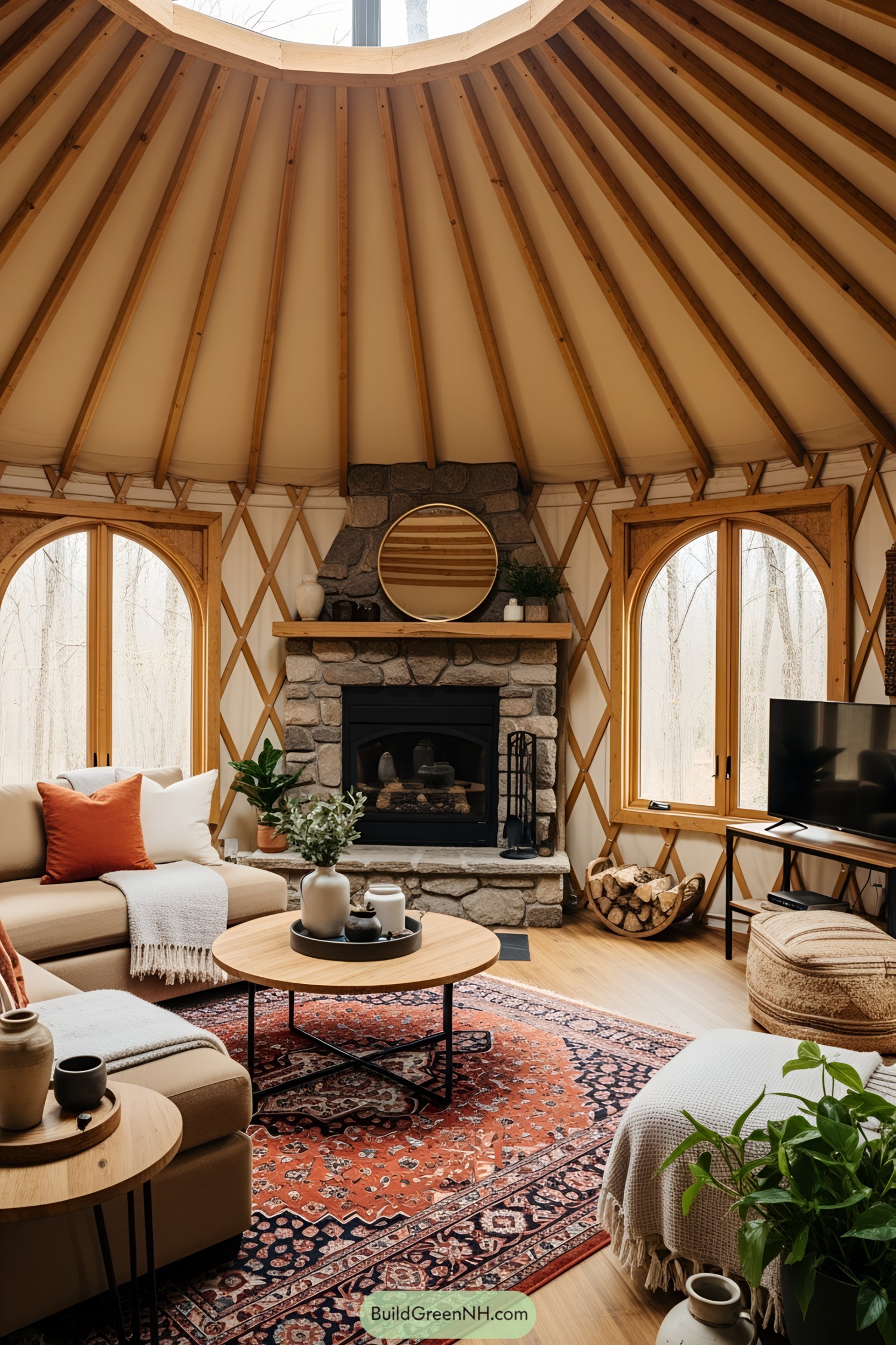 Cozy yurt interior with fireplace, earthy tones, and warm decor