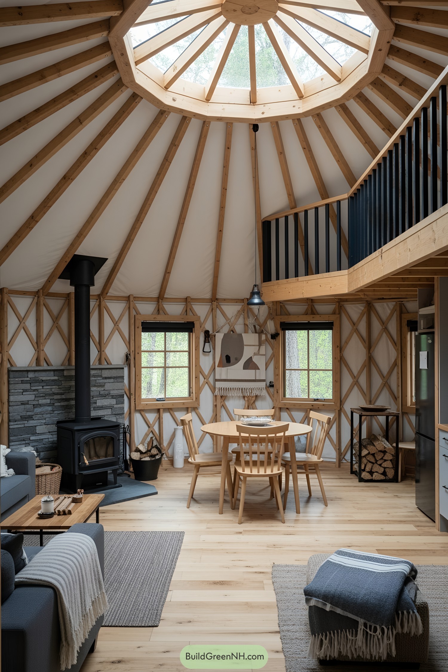 Yurt interior with a wooden stove and dining area