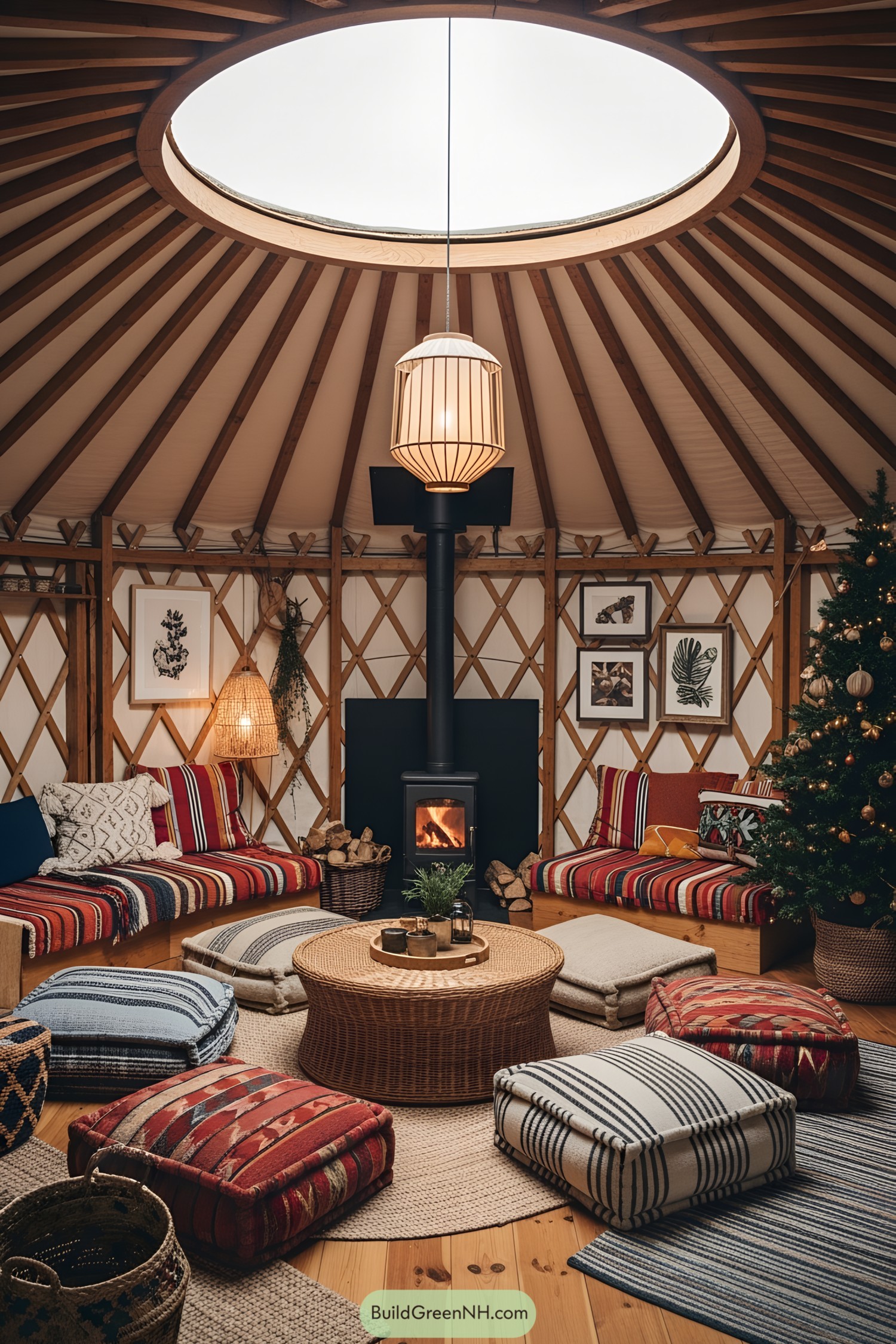 Interior of a yurt with cozy seating and a central fireplace
