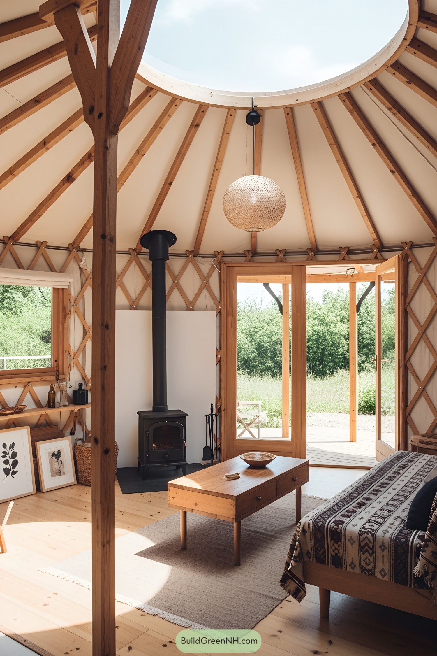 Yurt interior with skylight and rustic decor