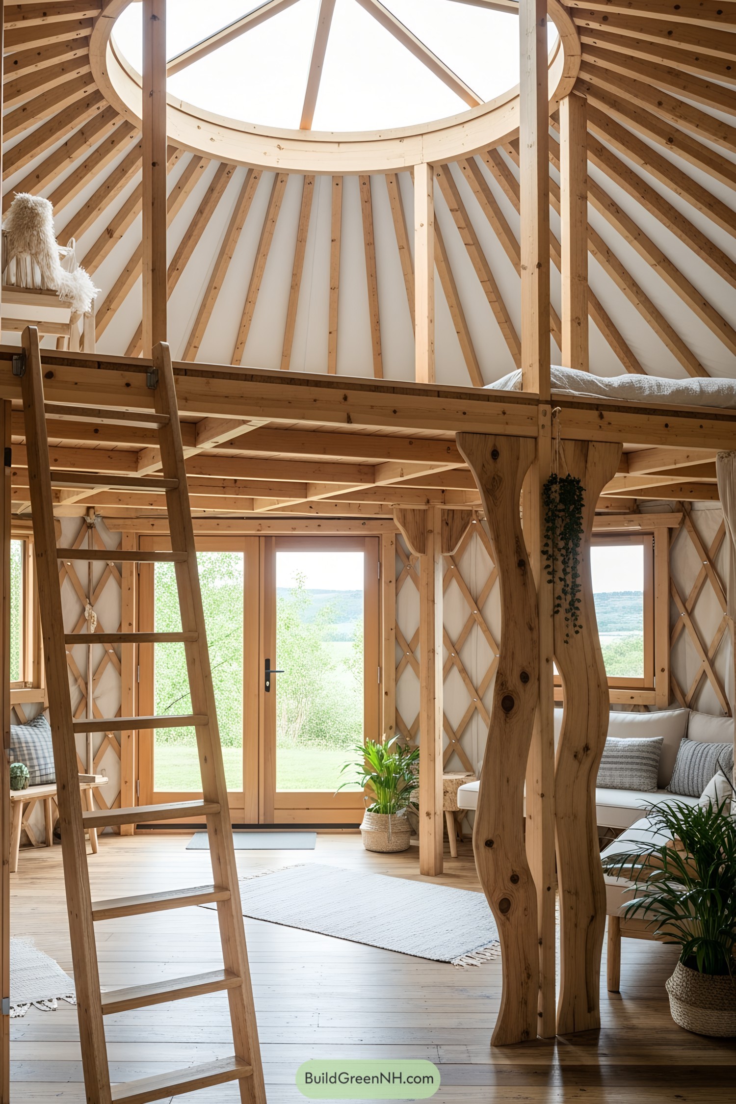 Wooden yurt interior with skylight and loft space