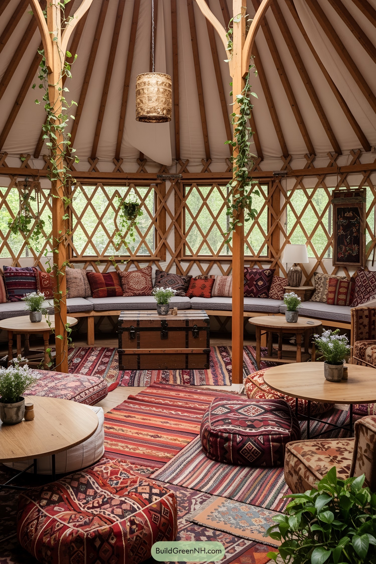 Cozy yurt interior with colorful rugs and cushions