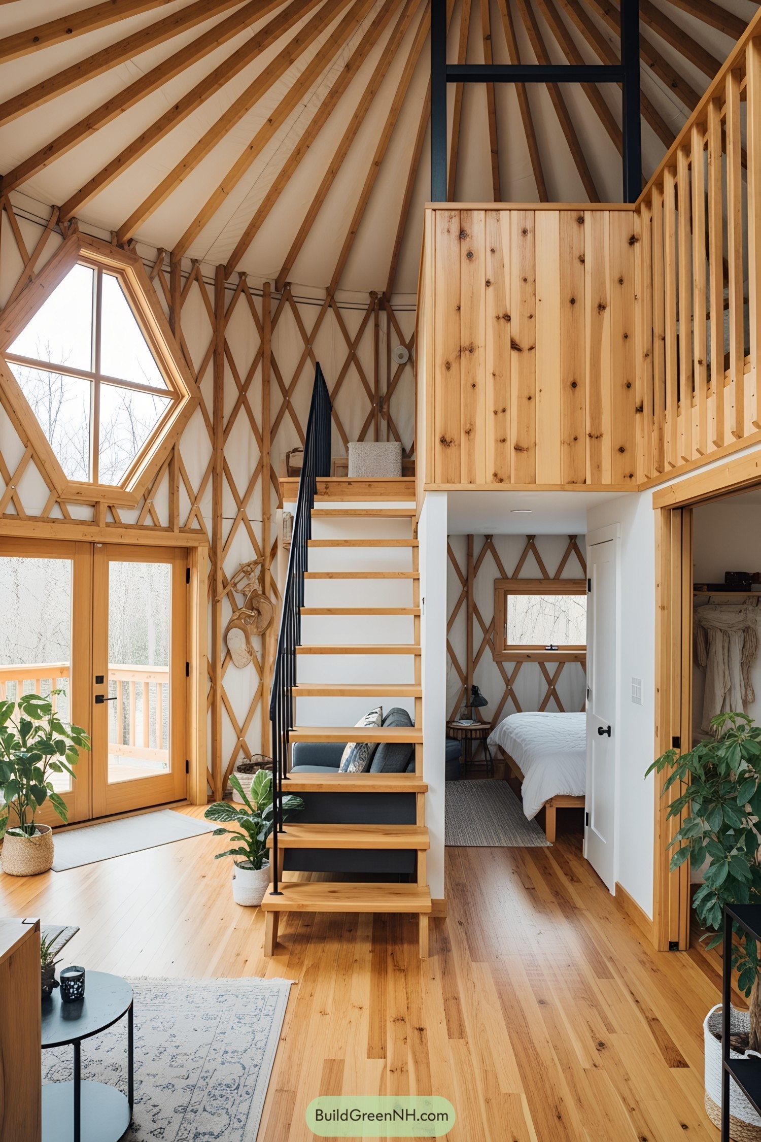 Interior of a modern yurt with wooden elements and loft