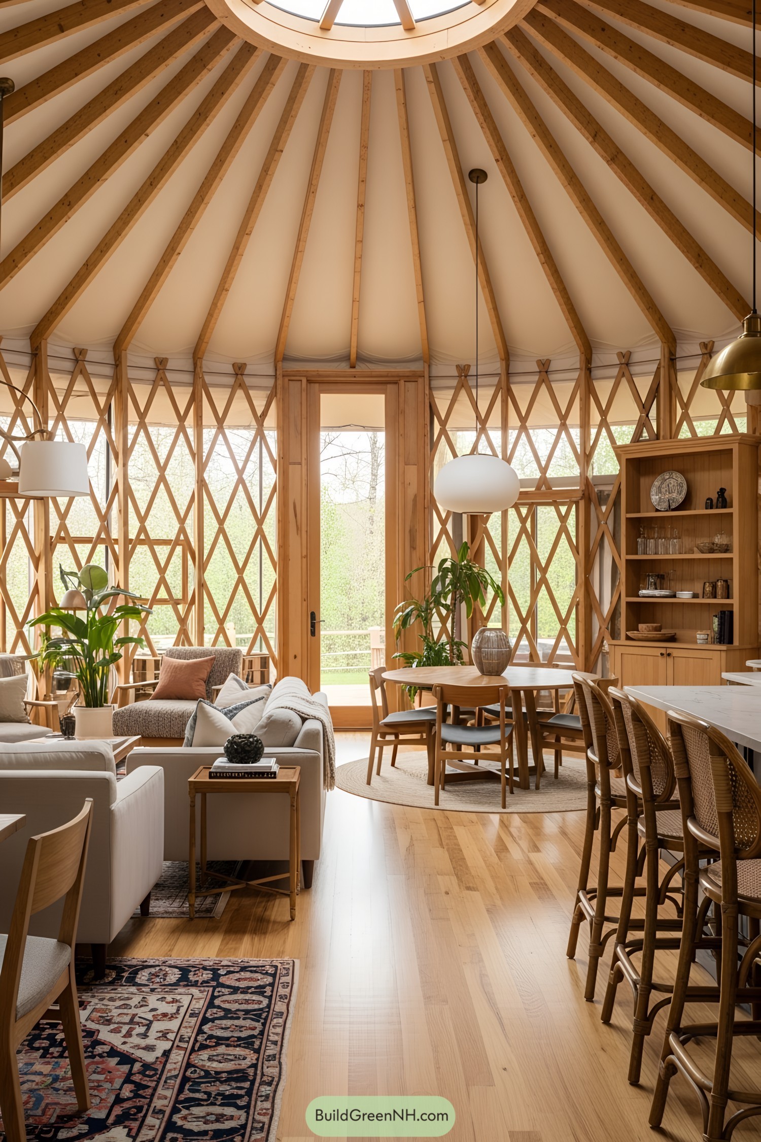 Sunlit yurt interior with modern furnishings
