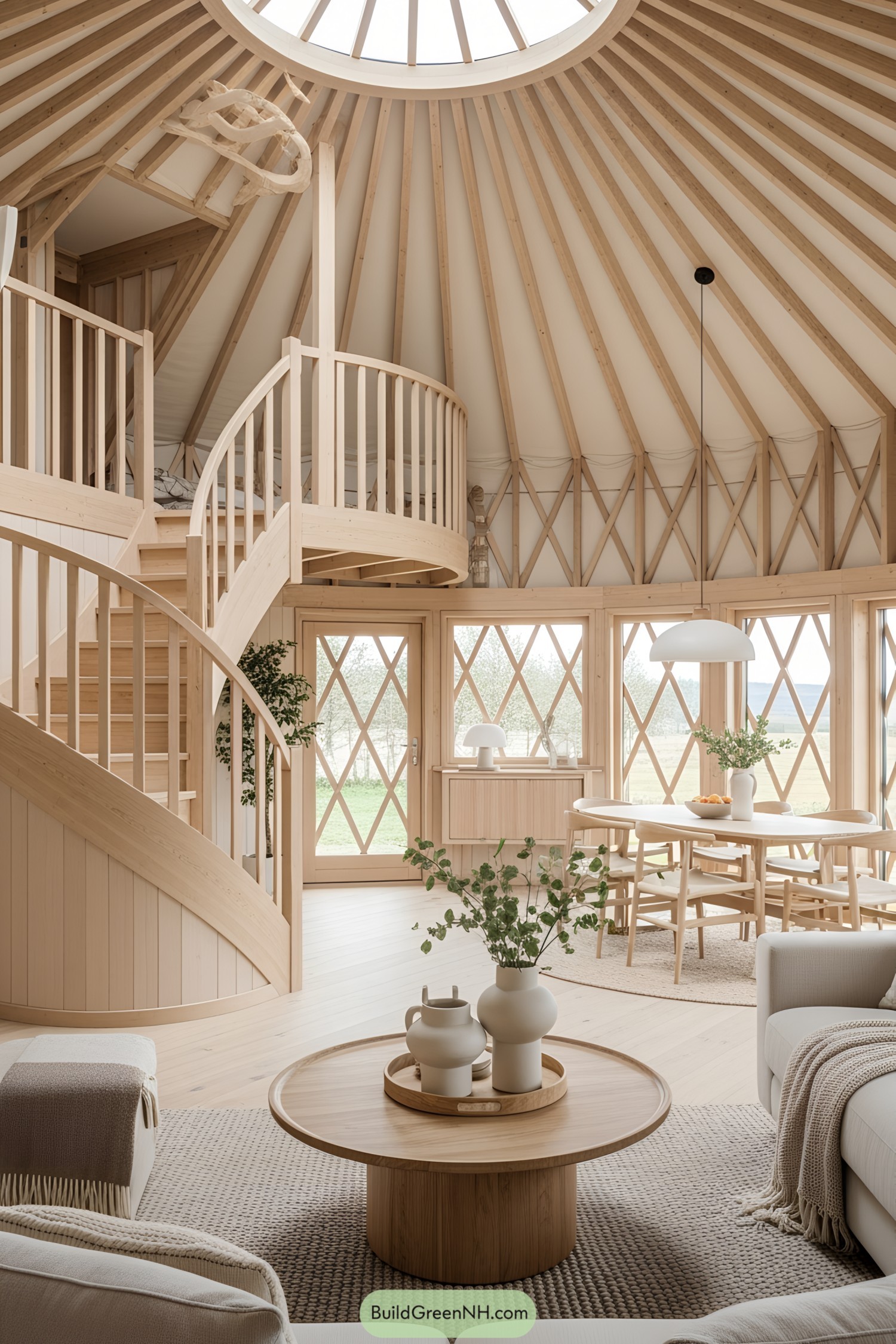 Yurt interior with wooden spiral staircase and bright dining area