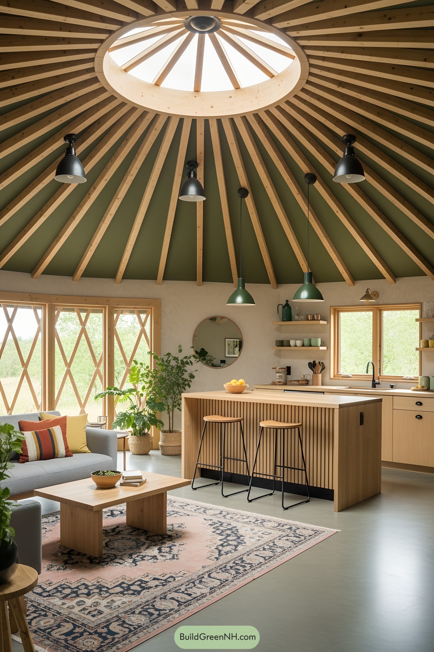 Spacious yurt interior with wooden beams and cozy furniture