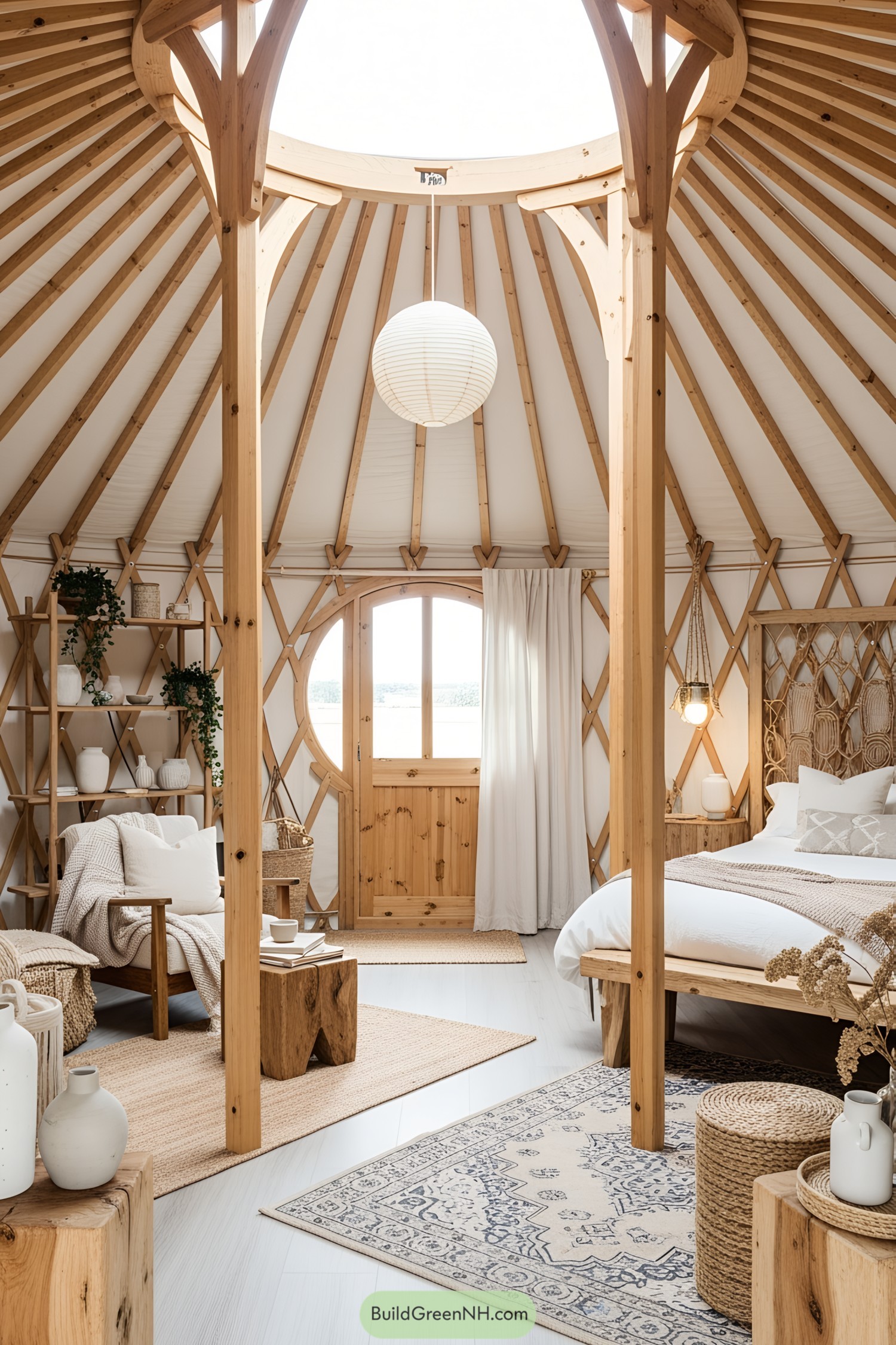 Inviting yurt interior with natural wood elements and cozy decor