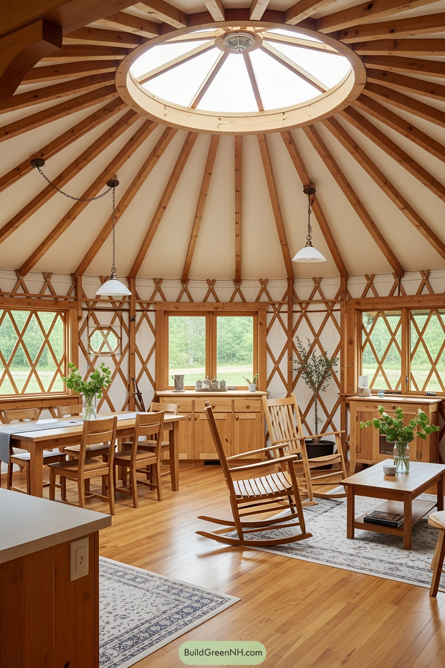 Bright yurt interior with wooden furnishings
