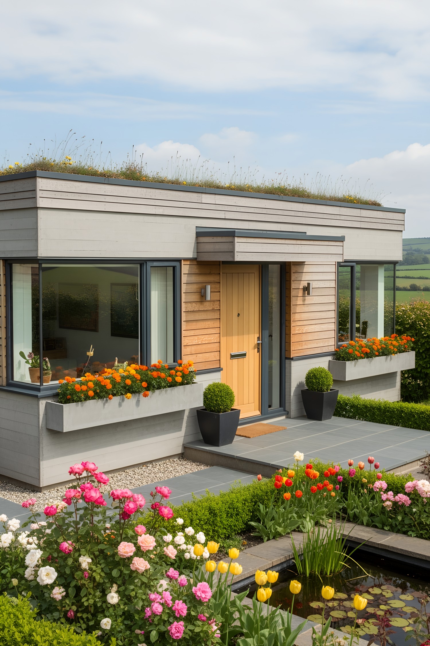 Modern house with integrated flower boxes and lush garden