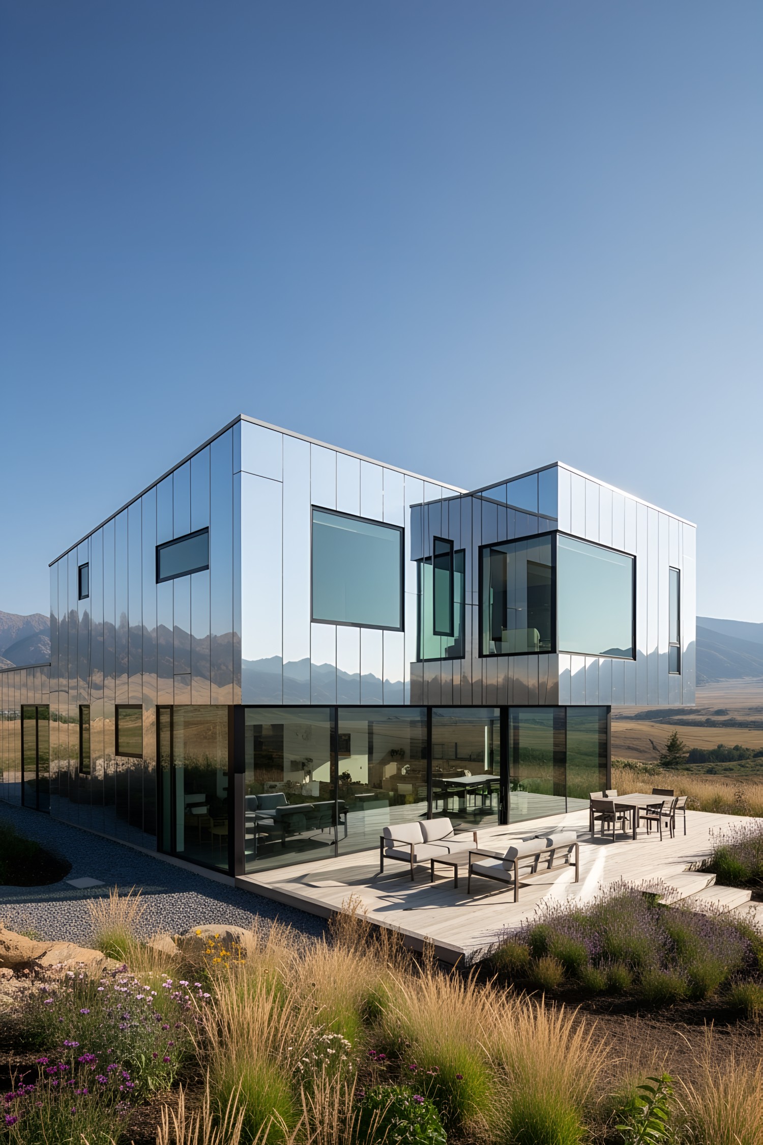 Sleek house with mirrored siding surrounded by nature