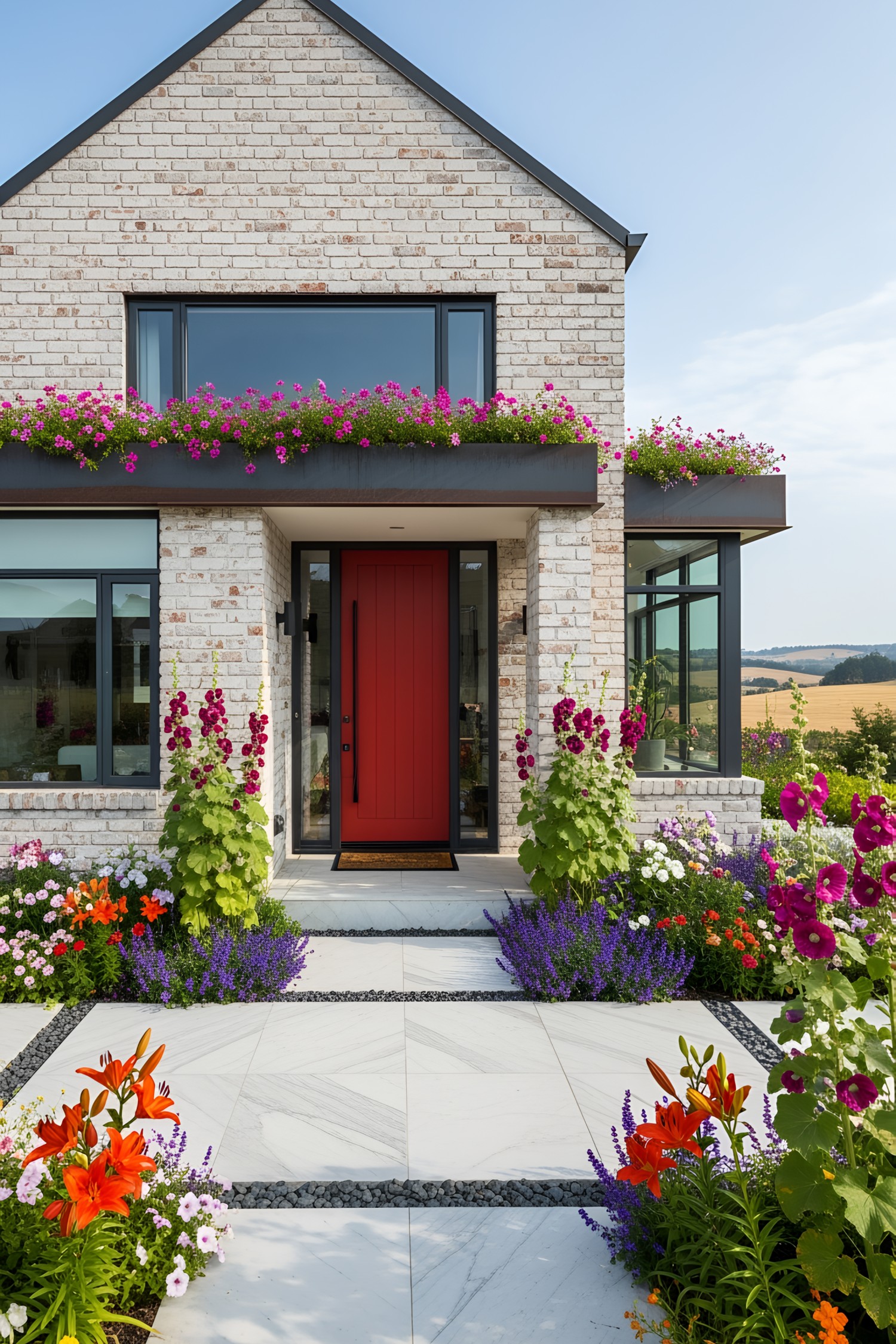 Modern house exterior with bright flowers