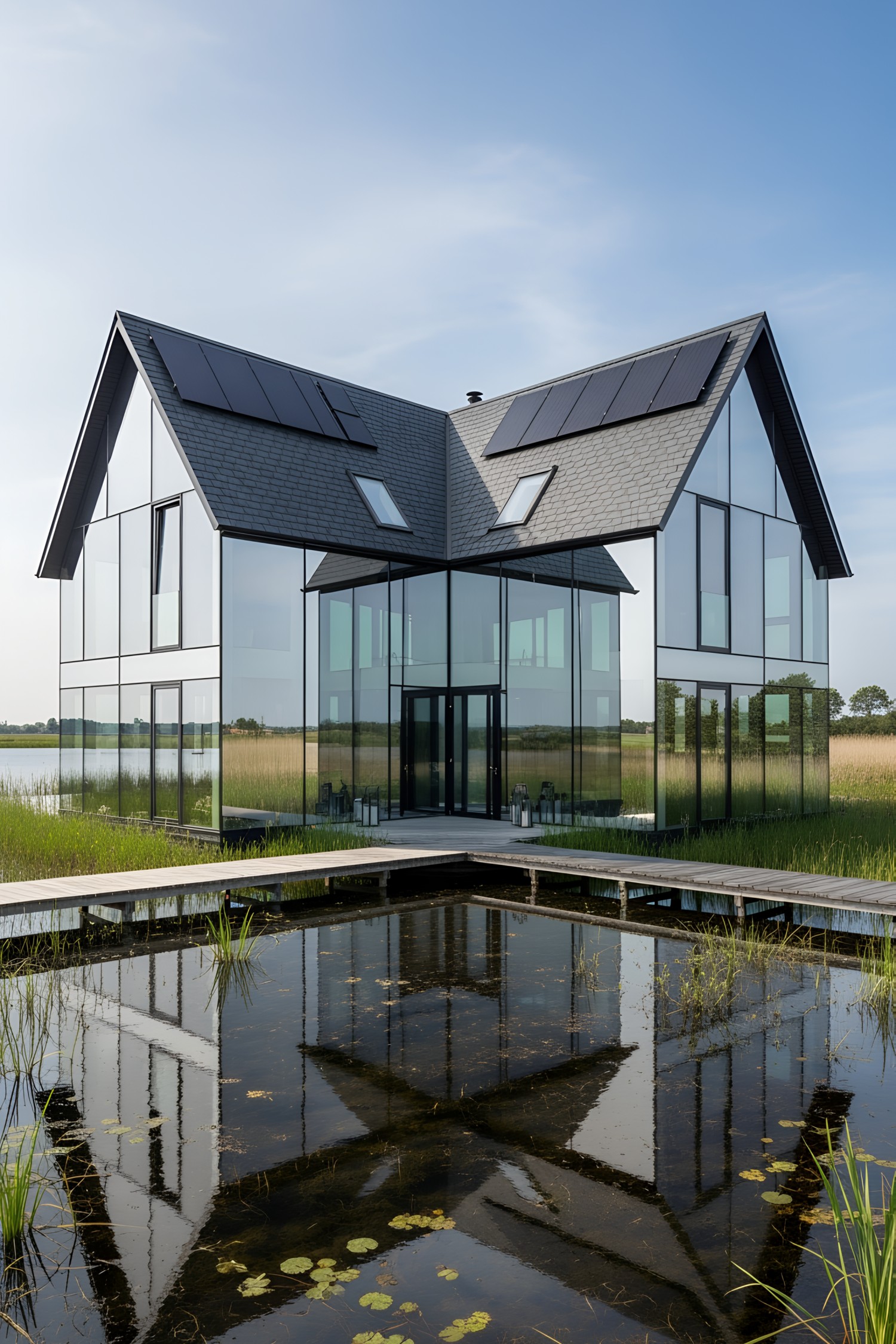 Sleek house with mirrored walls by a pond