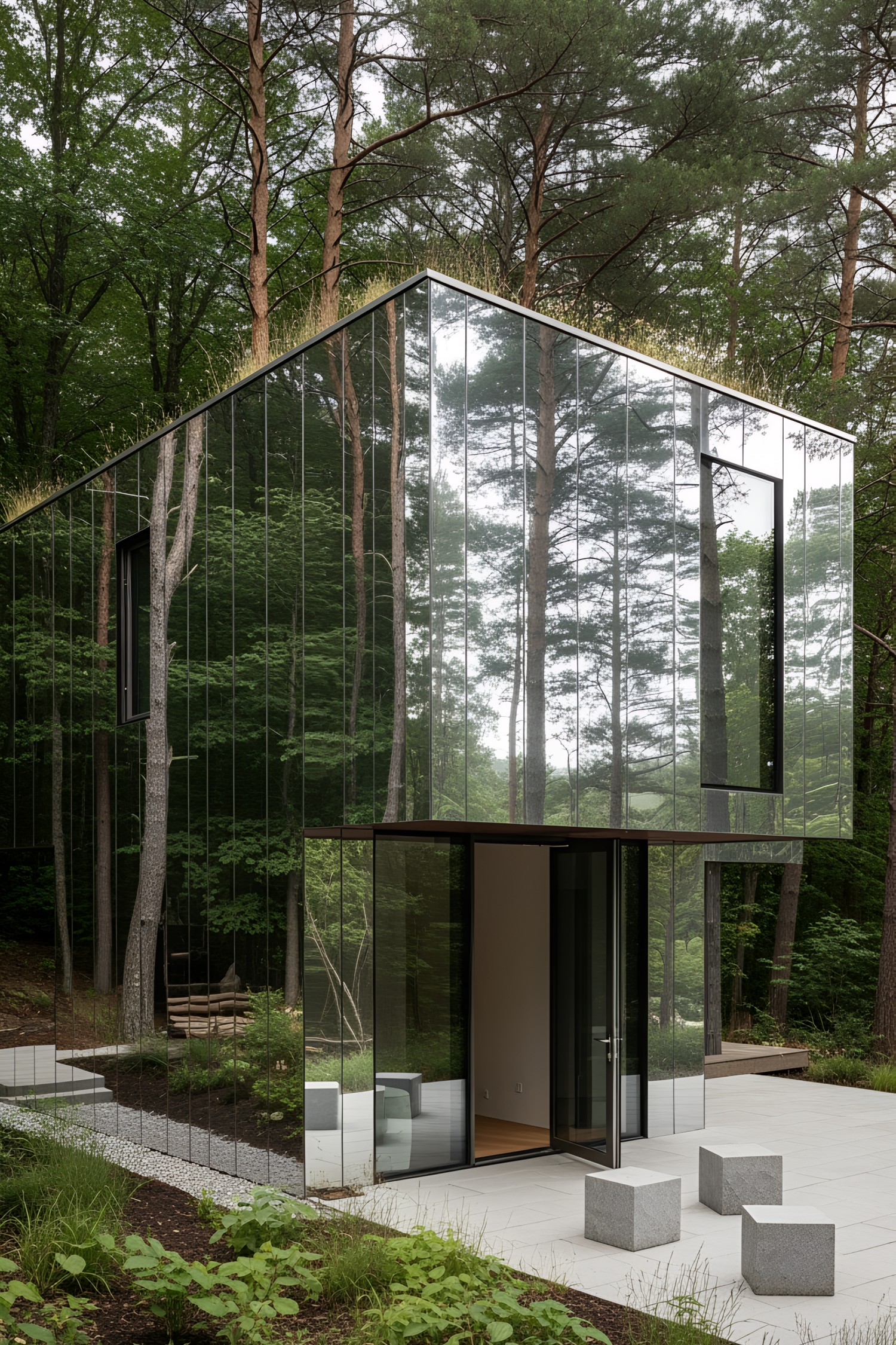 House with mirror siding reflecting trees