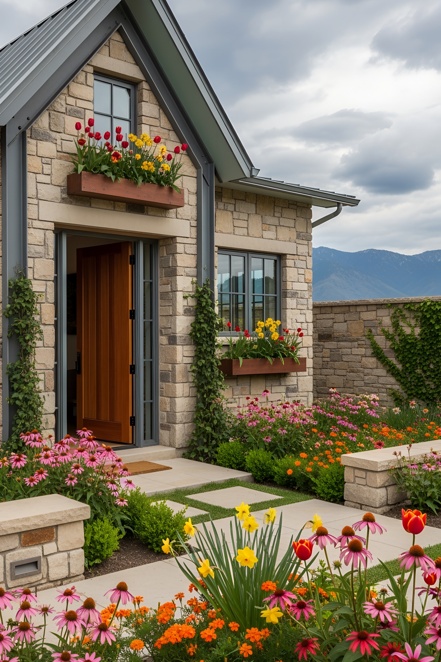 Charming house with vibrant flower boxes and a stone exterior