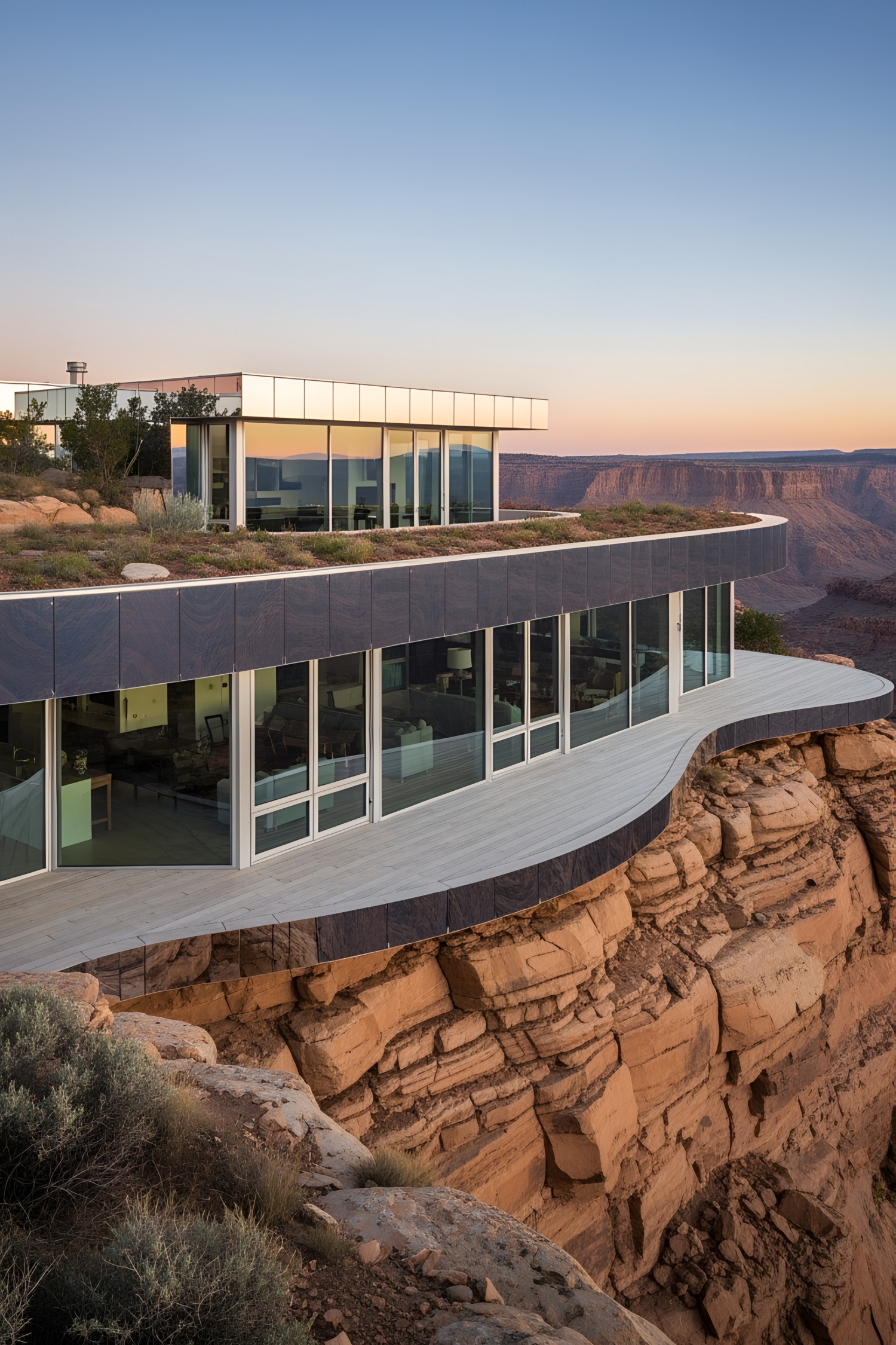 Reflective house on a cliff with a stunning view