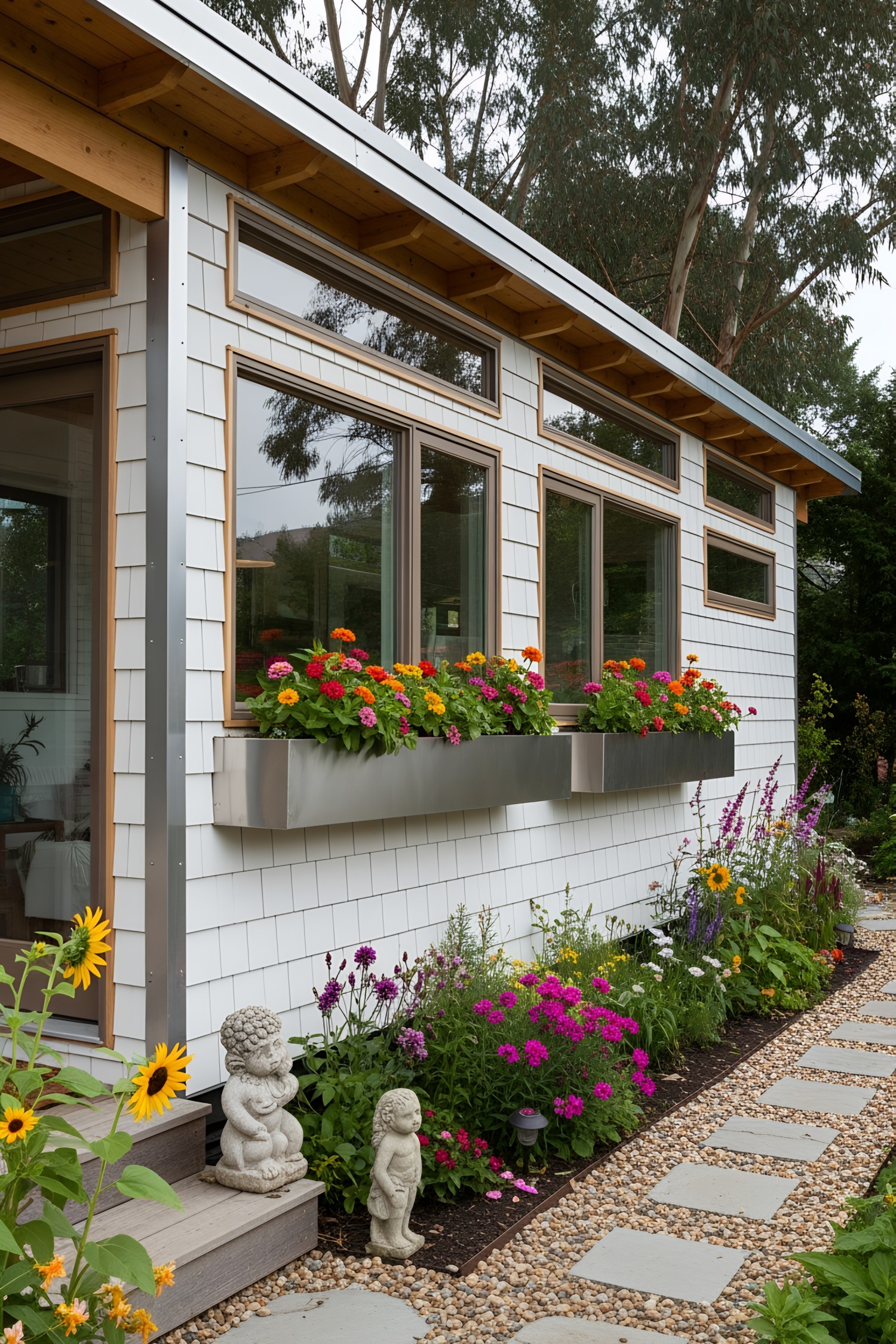 Contemporary house with flower boxes and garden path