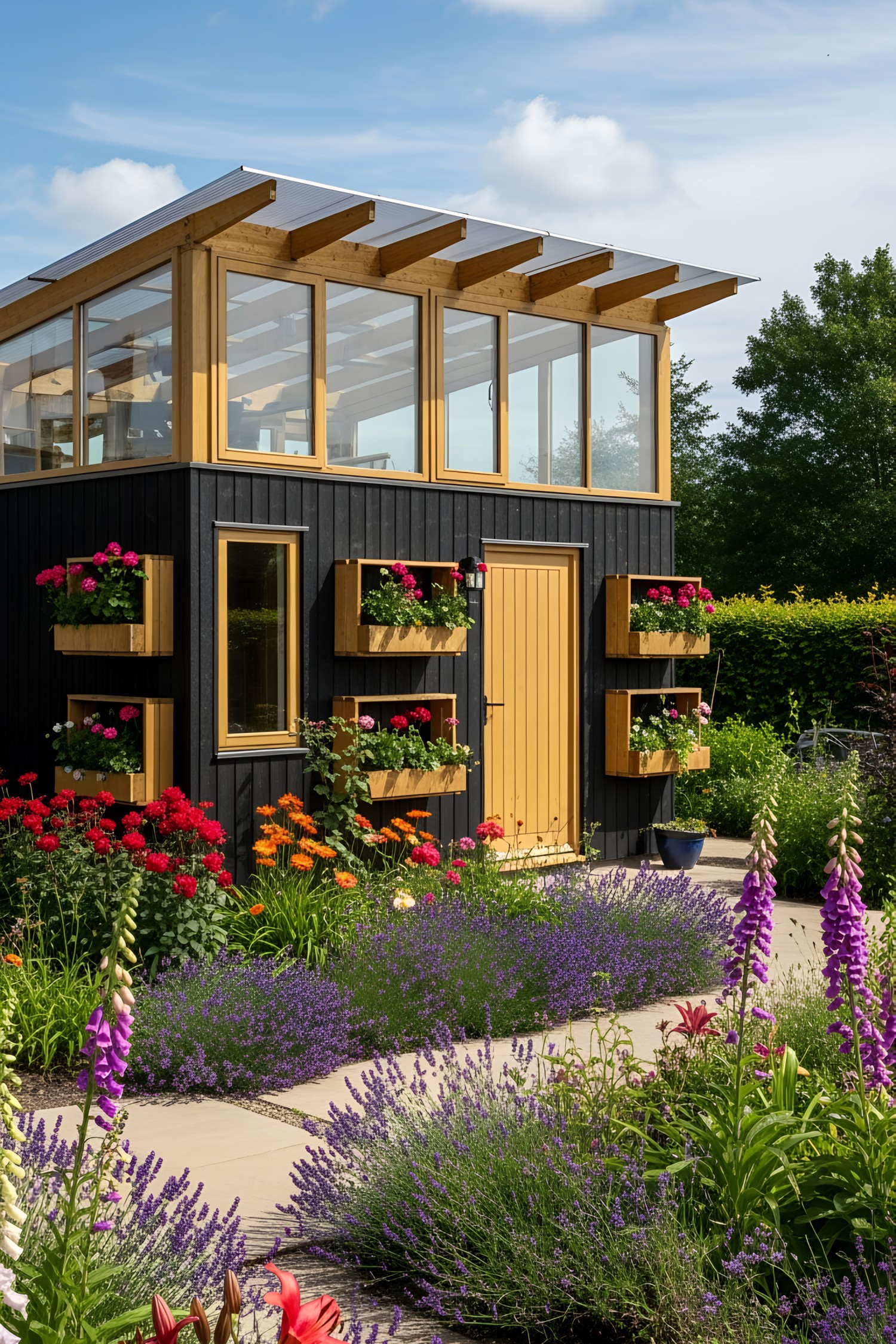Black wooden house with colorful flower boxes and garden
