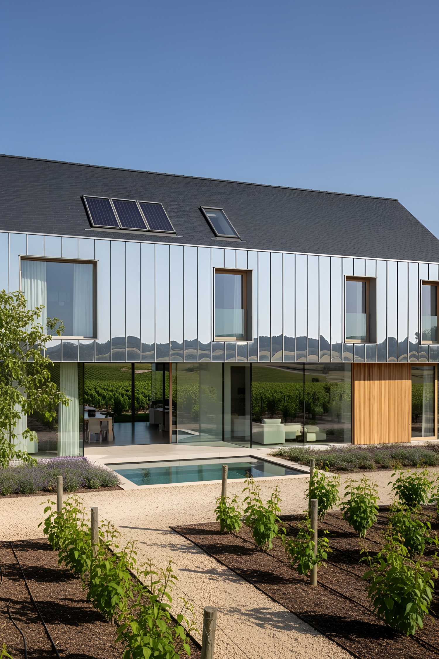 Modern house with reflective siding and rustic garden