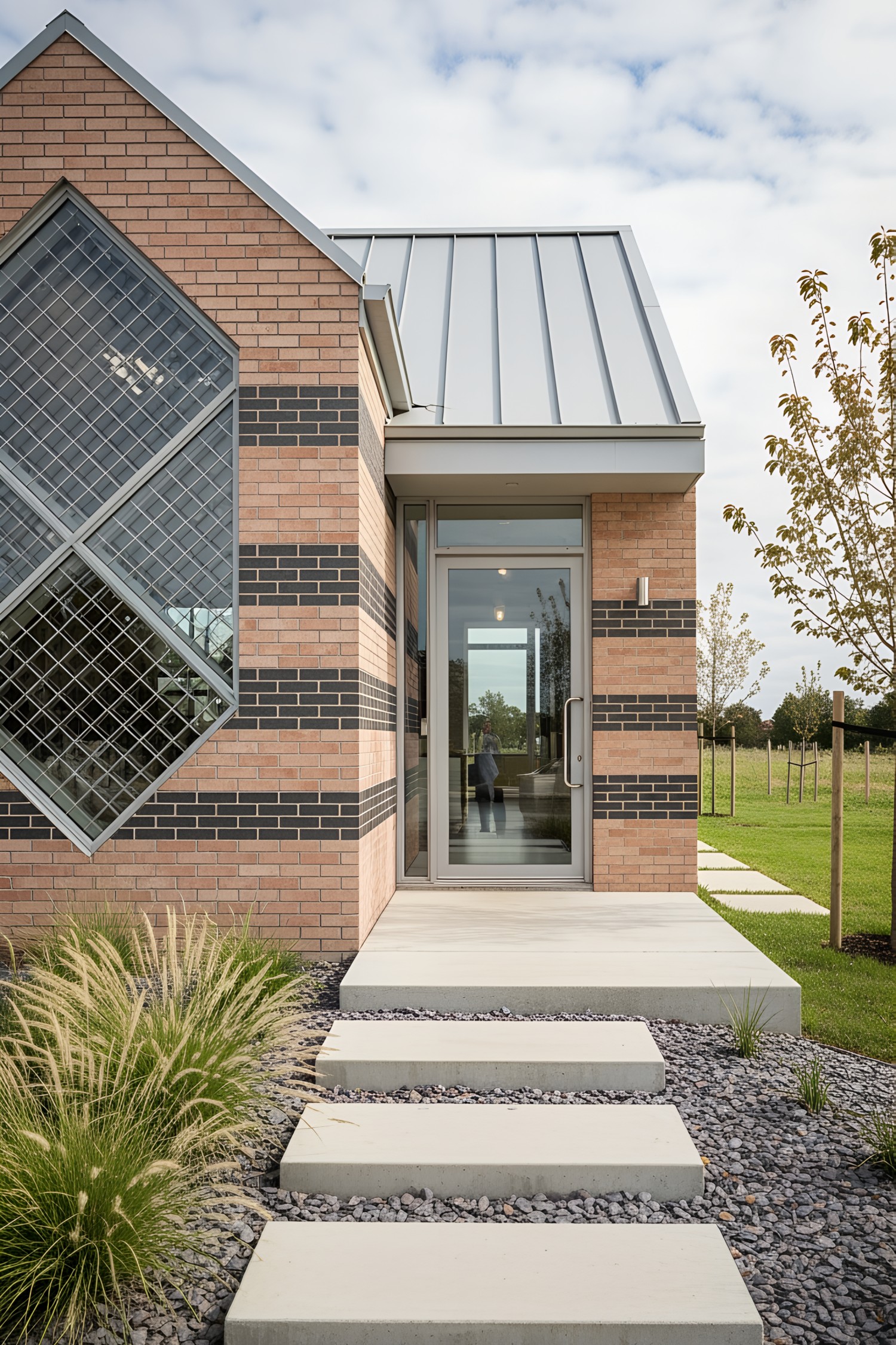Geometric house with unique windows and brick design