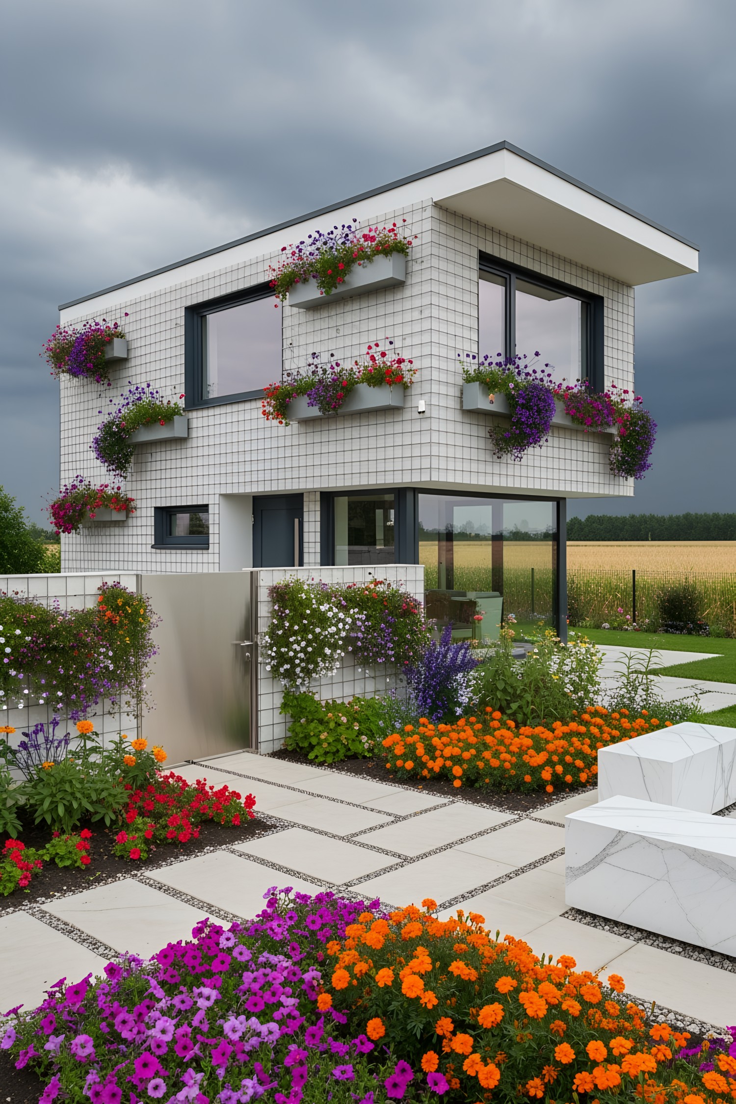 Modern house with colorful flower boxes