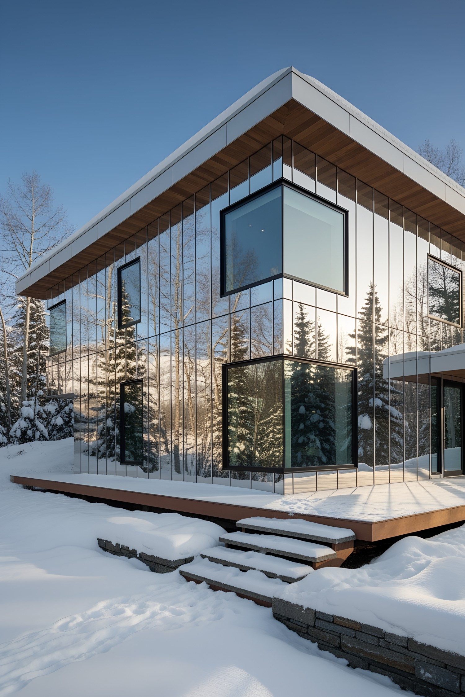 Mirror-sided house reflecting snowy landscape and trees