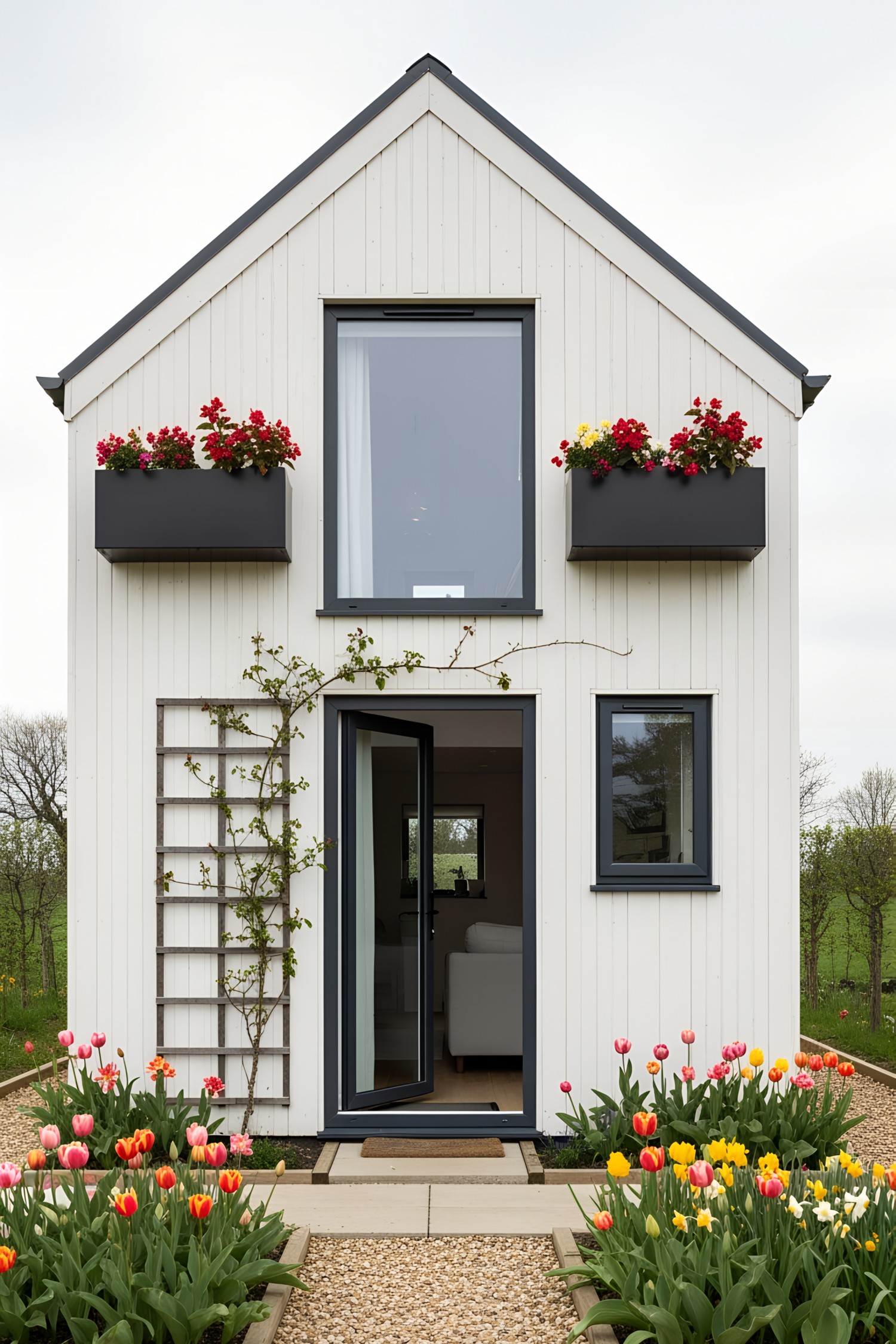 White house with flower boxes and colorful garden