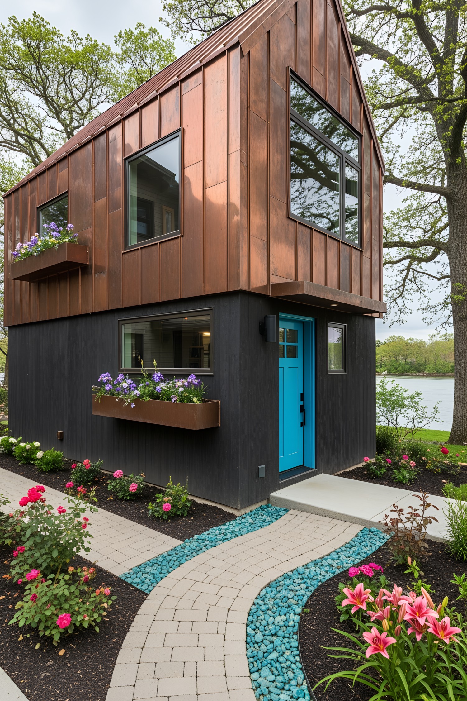 Two-story house with copper cladding and vibrant flower boxes