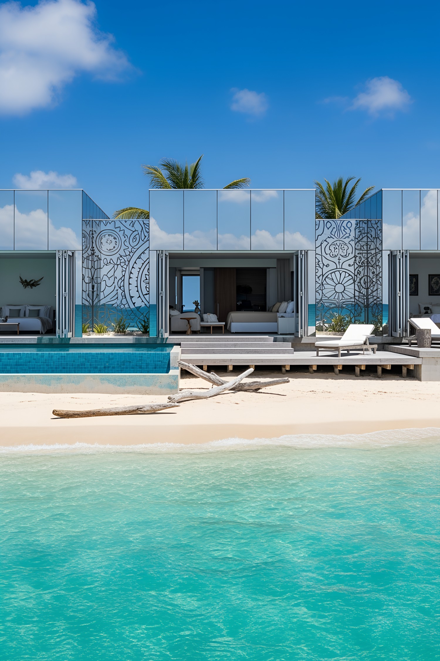 Sleek mirrored house by the beach reflecting sky and sand