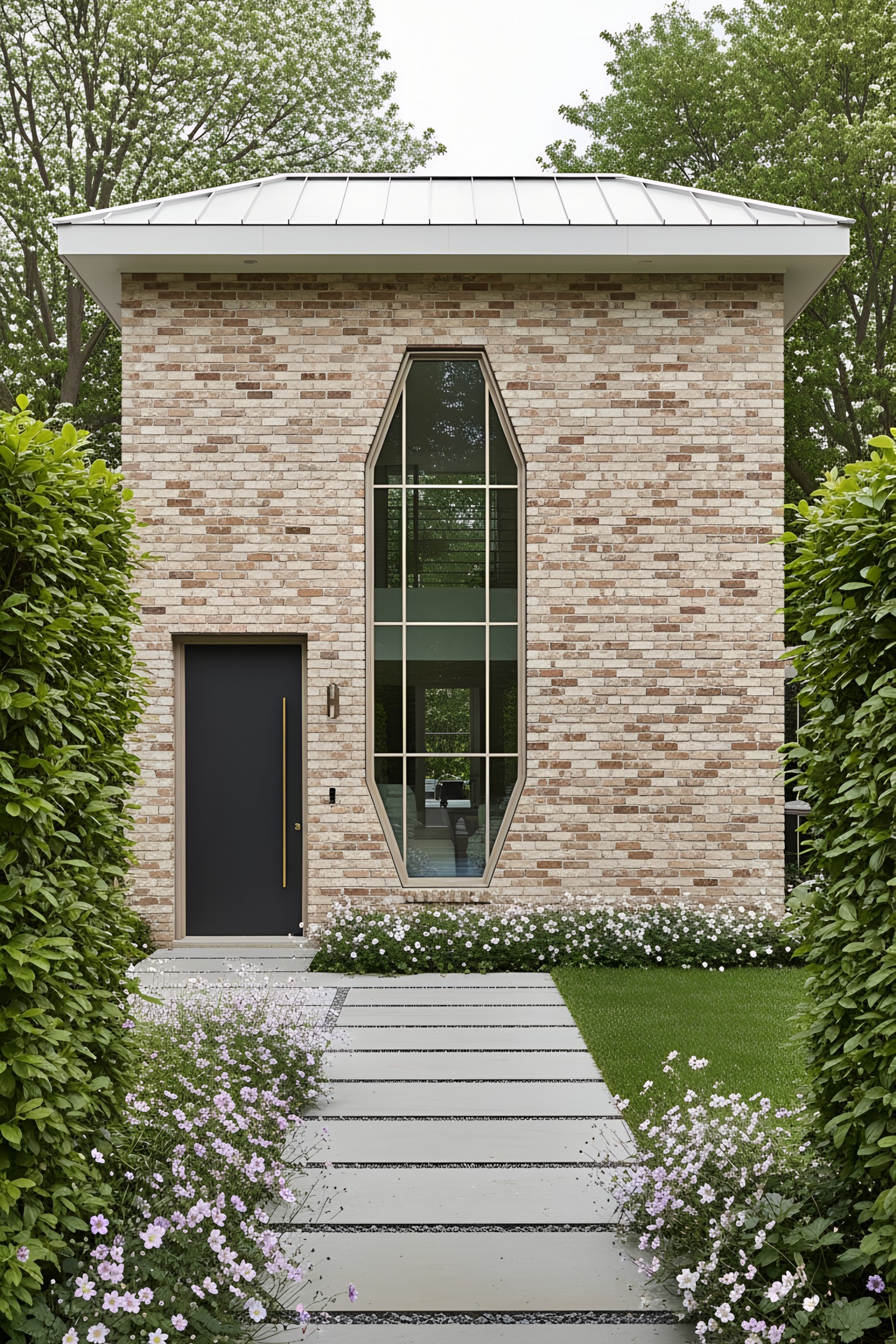 A brick house with a unique hexagonal window