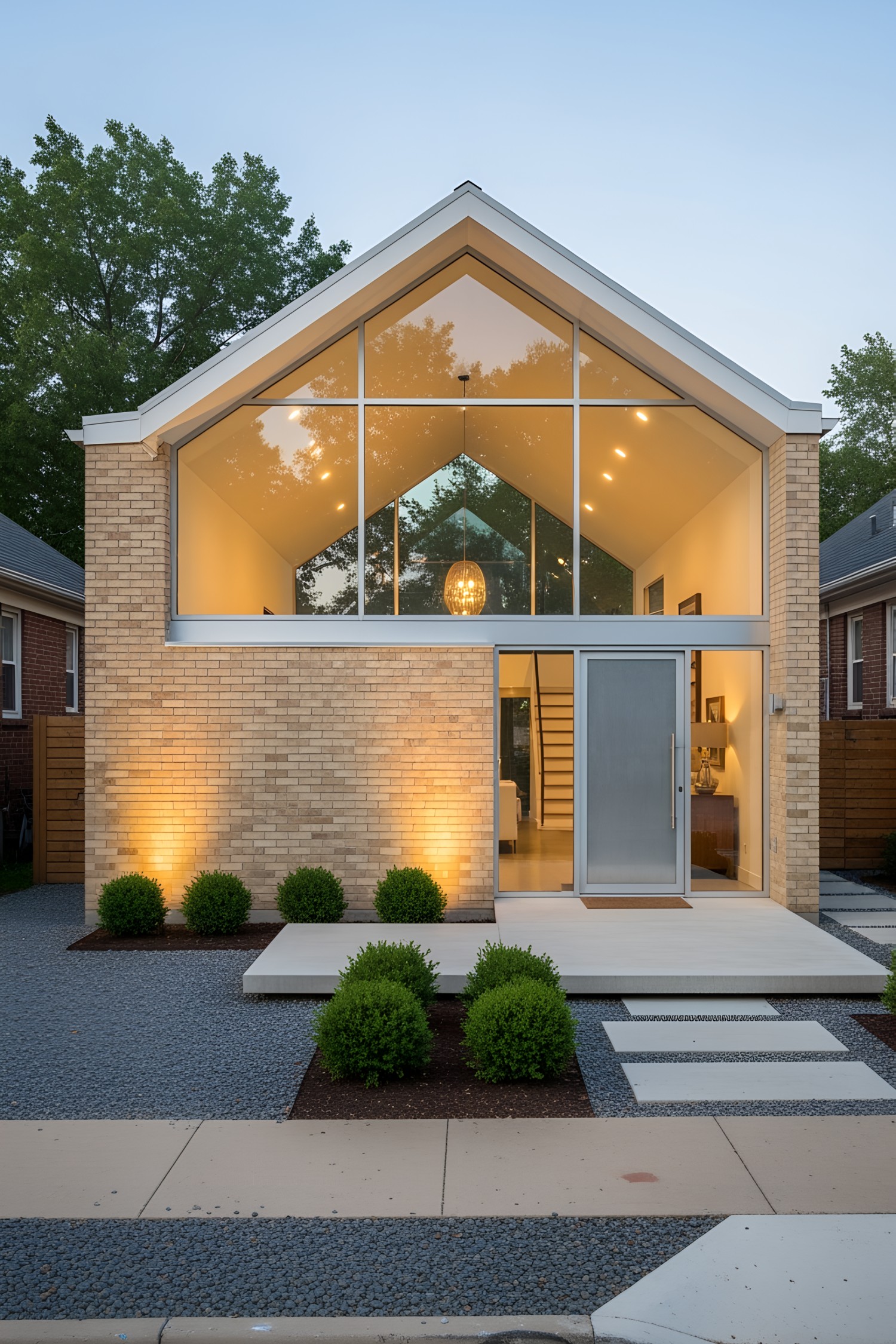 Modern house with large geometric windows and brick exterior
