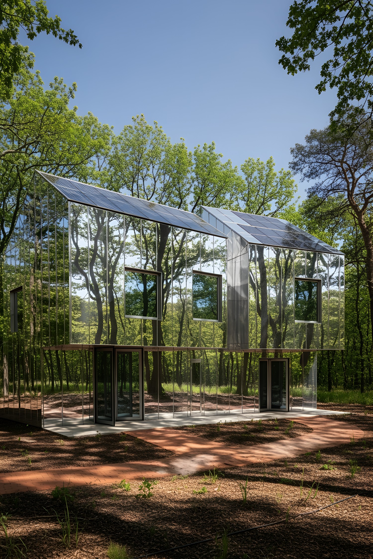 Modern house with mirrored exterior blending into the forest