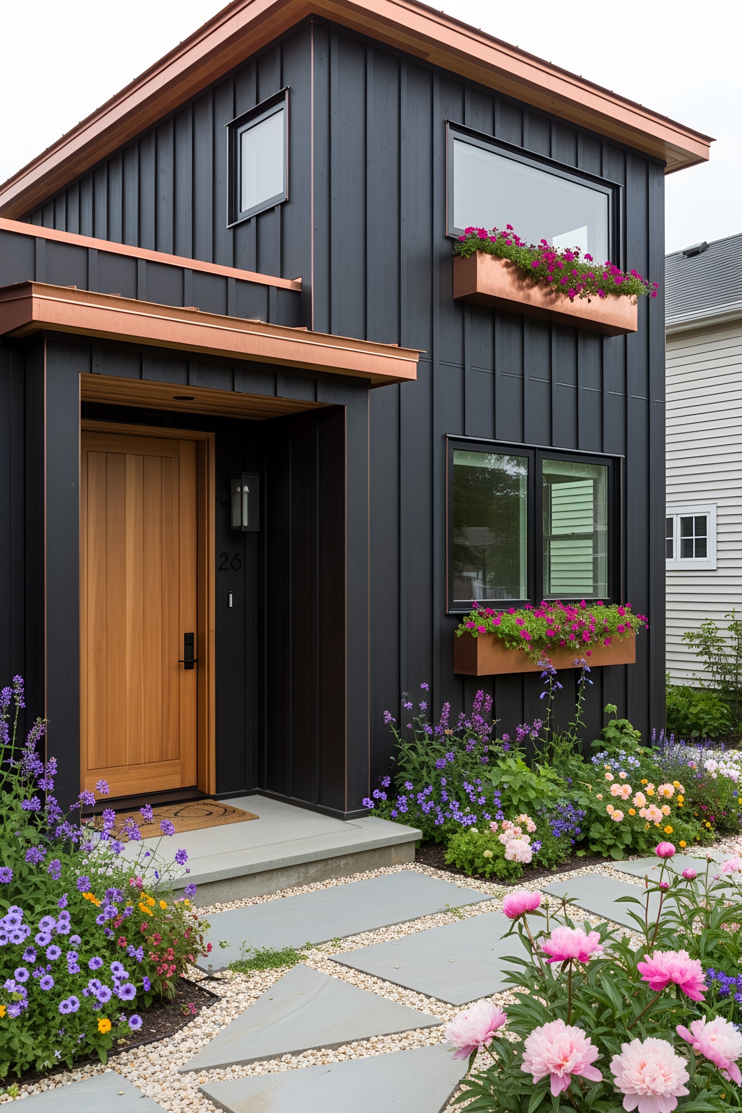 Dark modern house with vibrant flower boxes