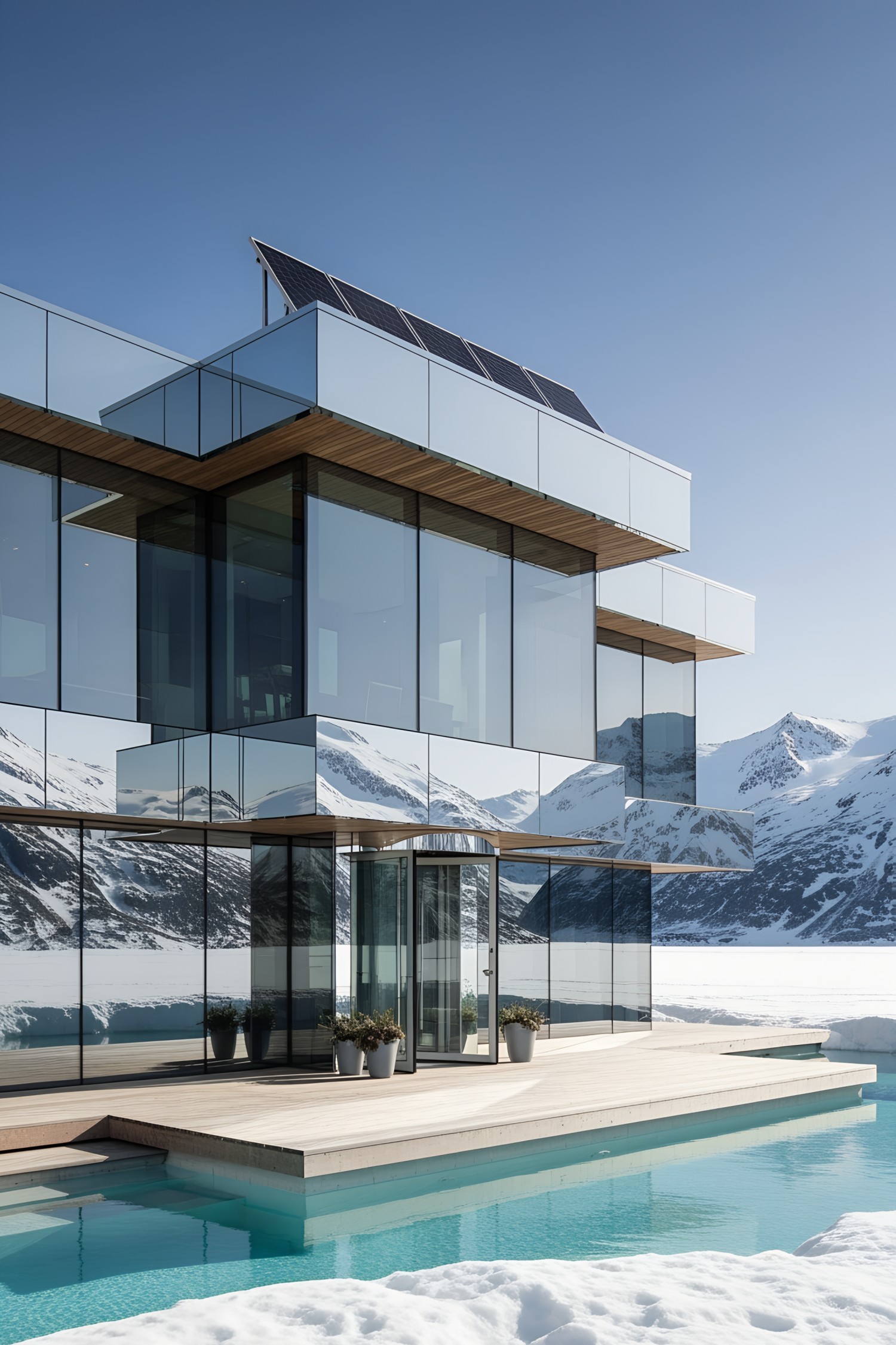Reflective house with snowy mountain background and pool