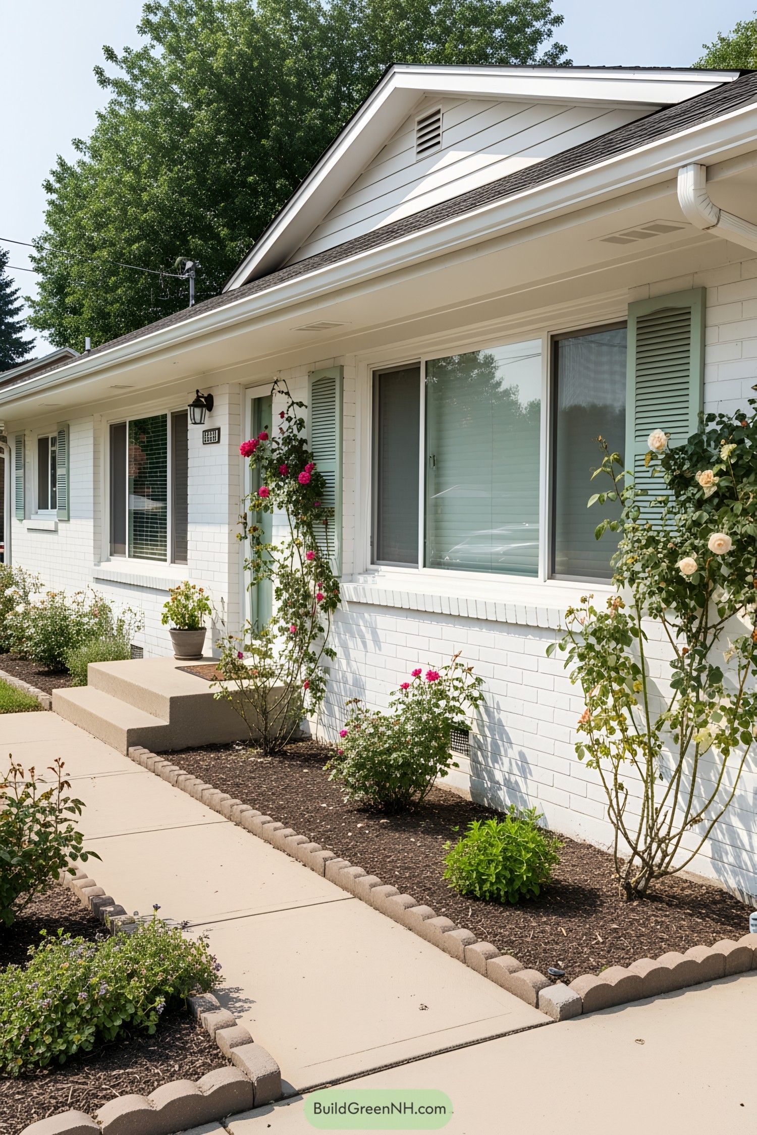 White ranch-style house with colorful garden