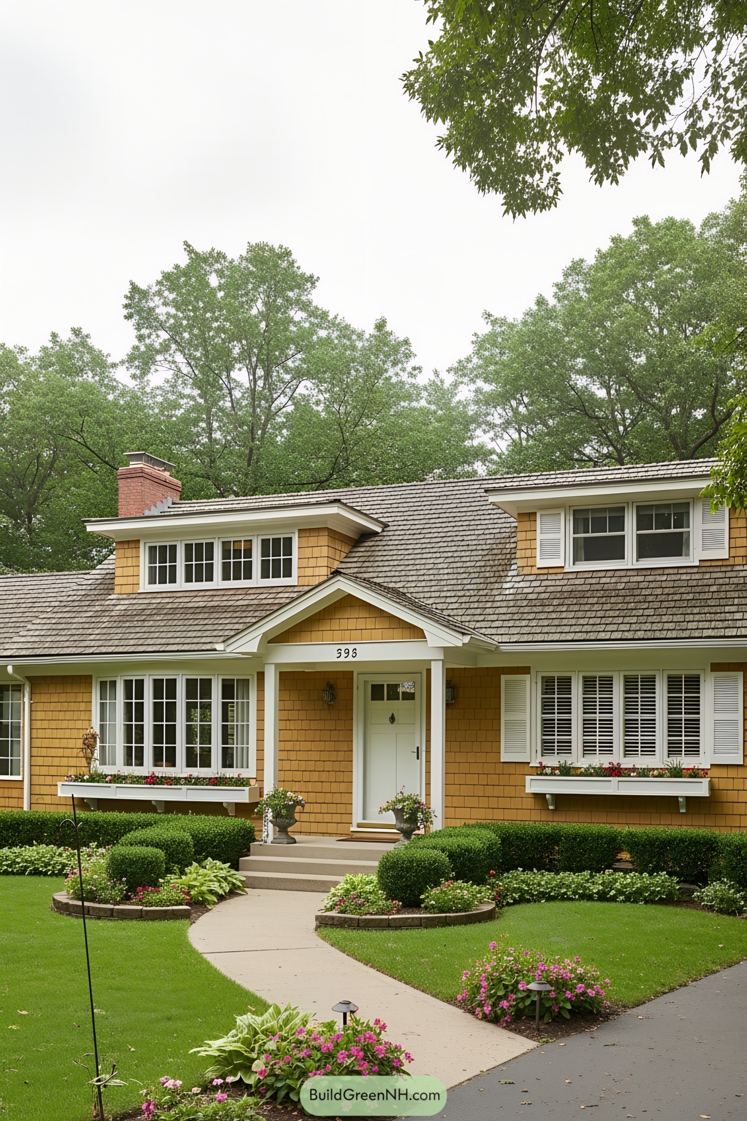 A charming 1950s ranch-style home with vibrant landscaping and shingle siding