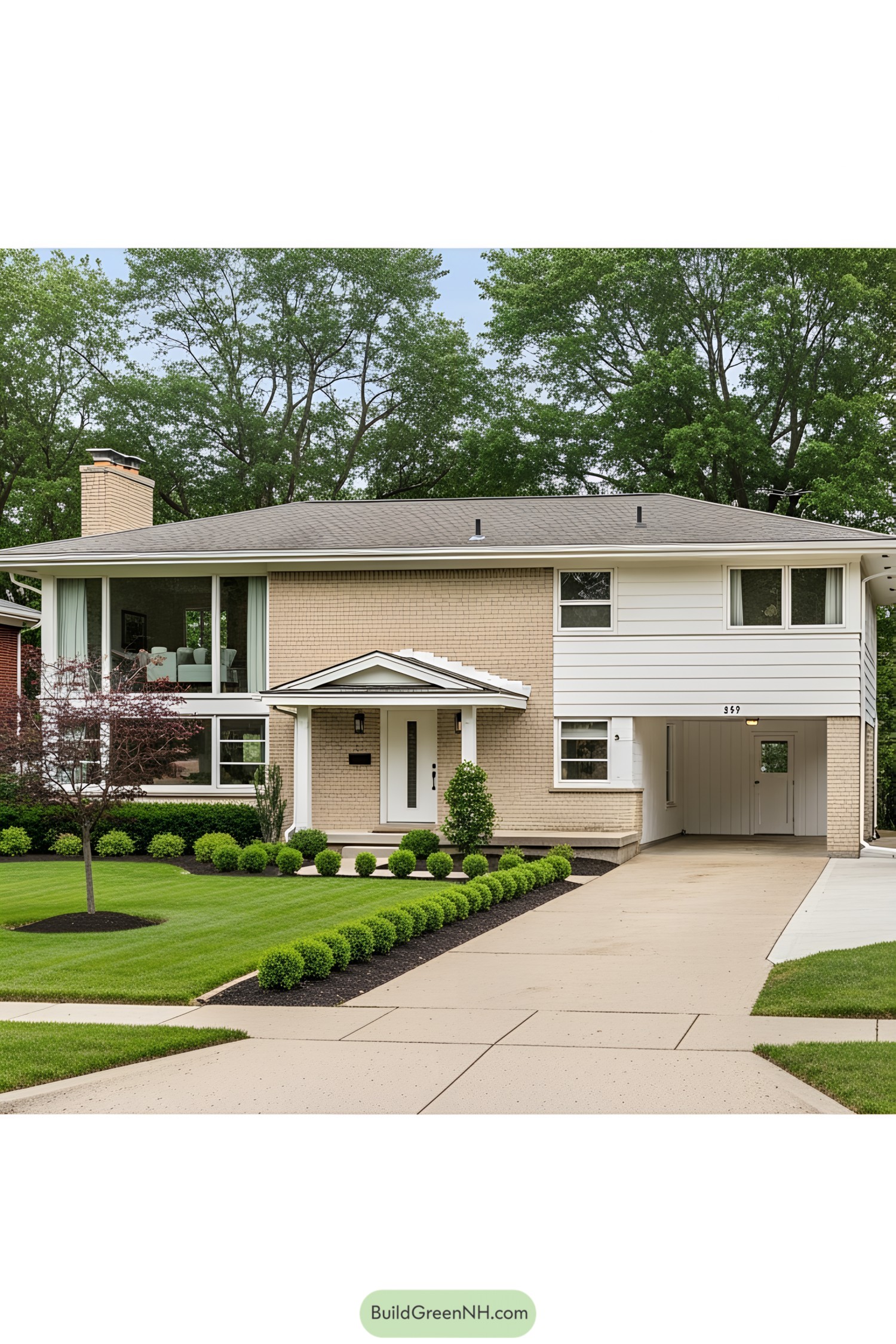 A classic 1950s ranch-style house with manicured lawn and large windows