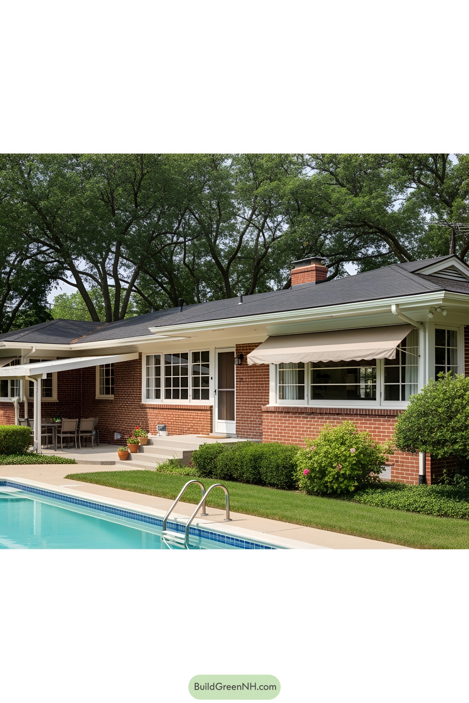 Brick ranch house with pool and awning