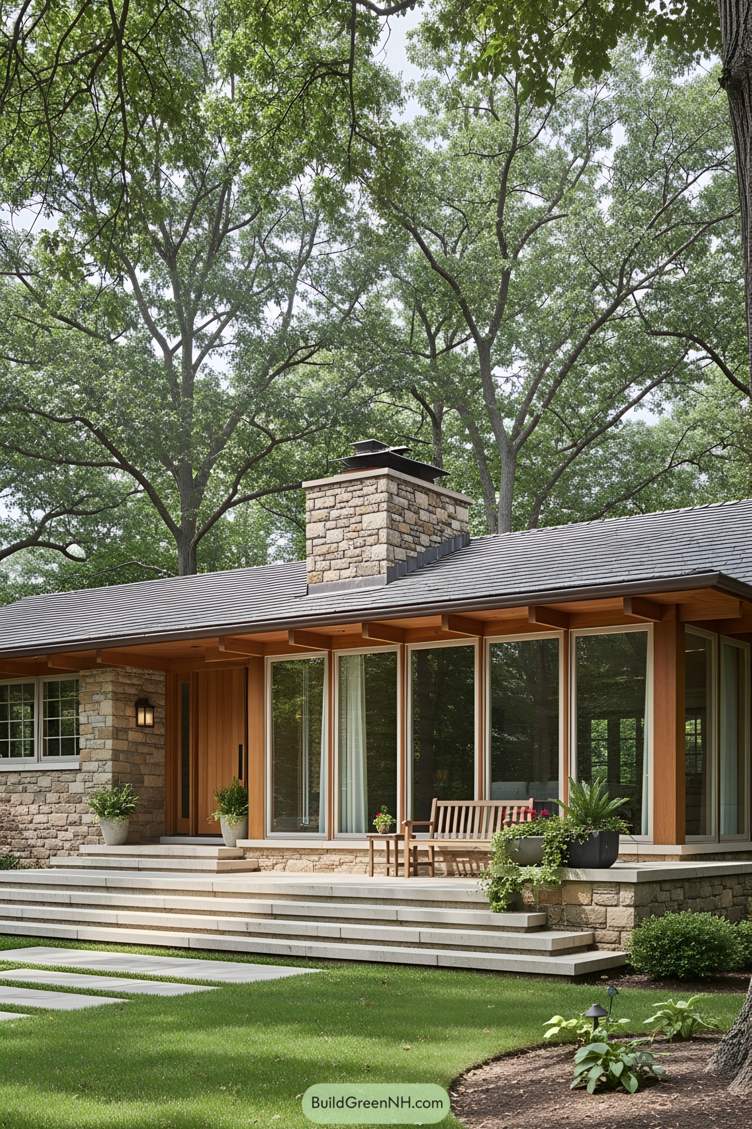 1950s ranch house with large windows and stone accents