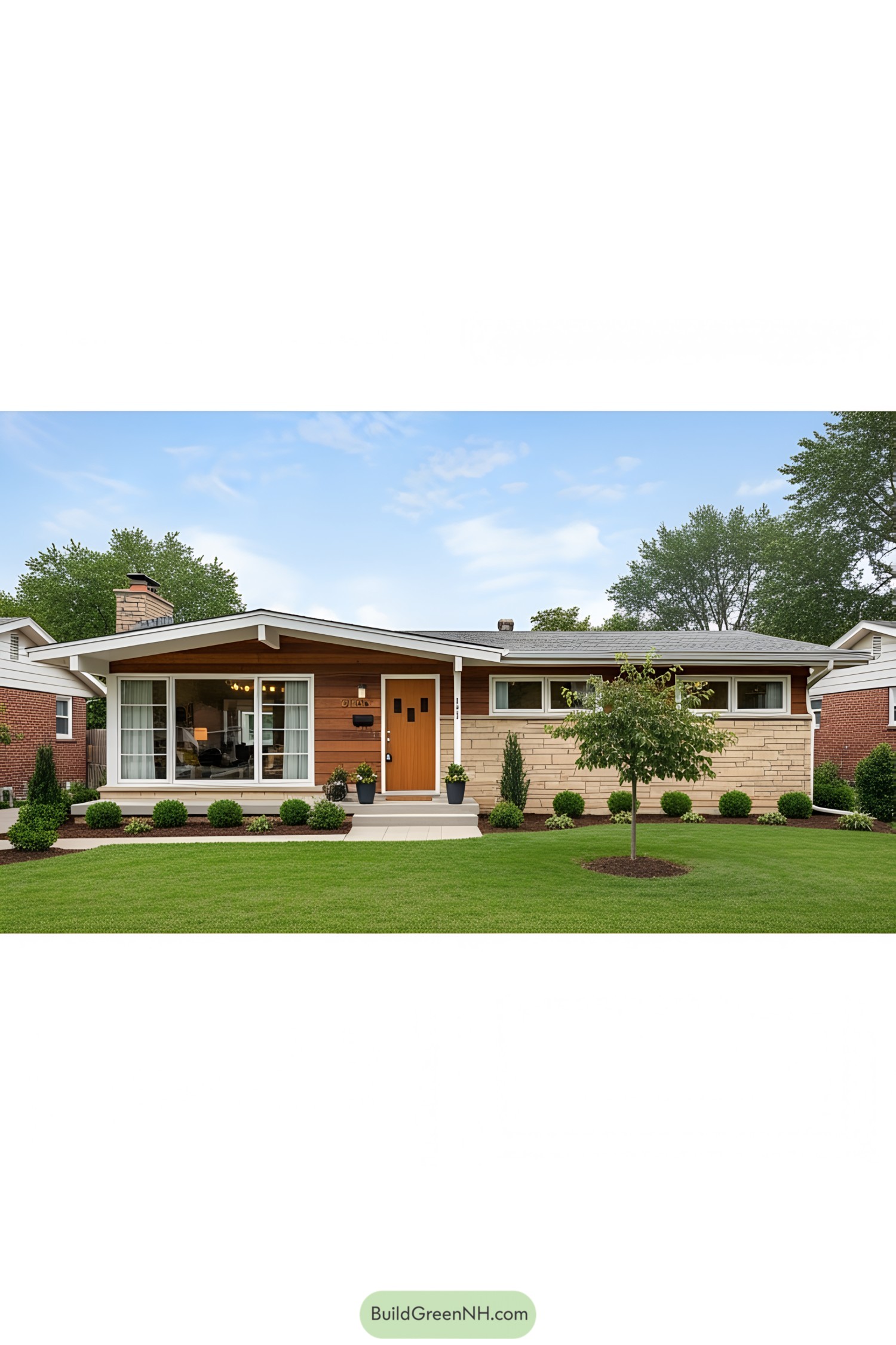 Classic mid-century ranch house with manicured lawn