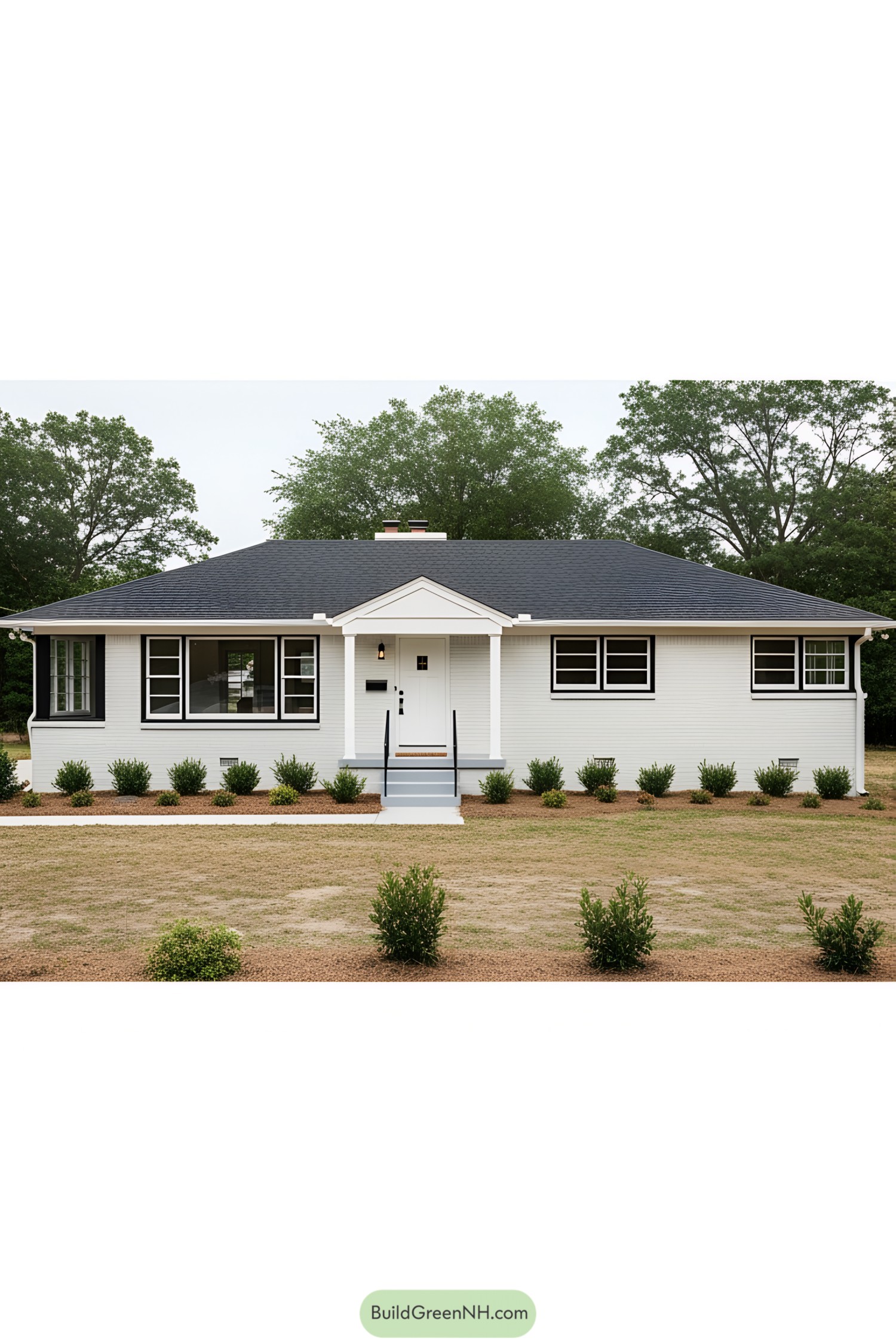 A classic 1950s ranch house with white brick and large windows