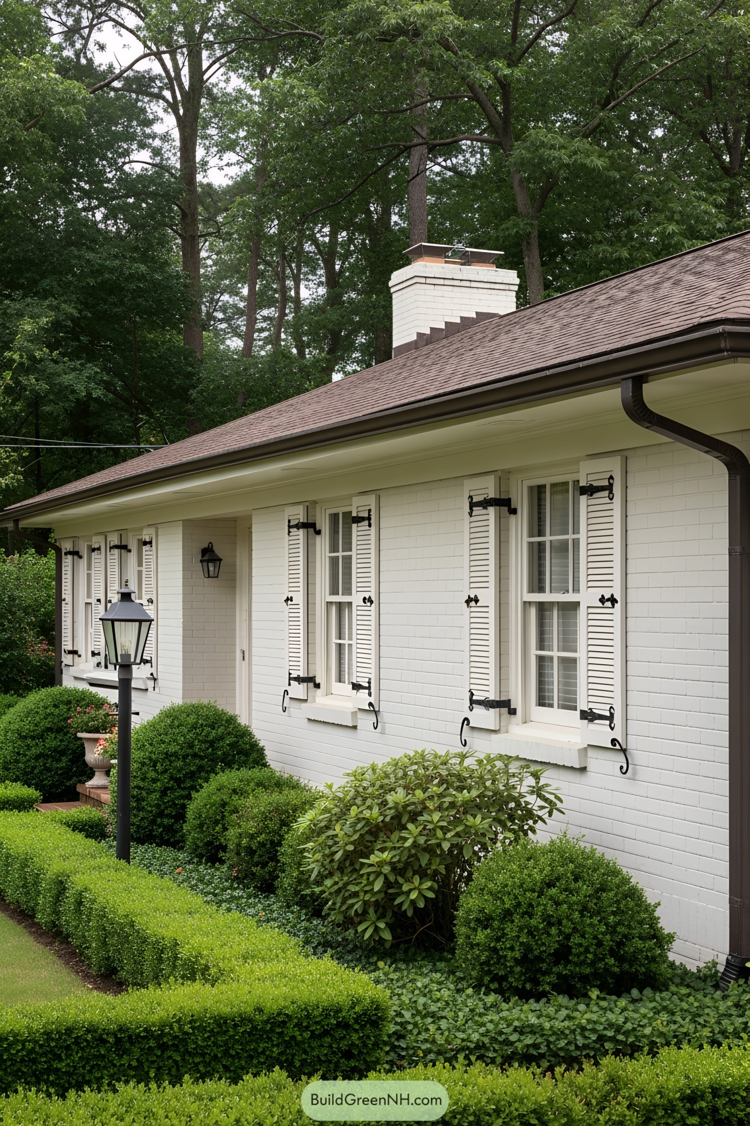 White brick ranch house with neat landscaping