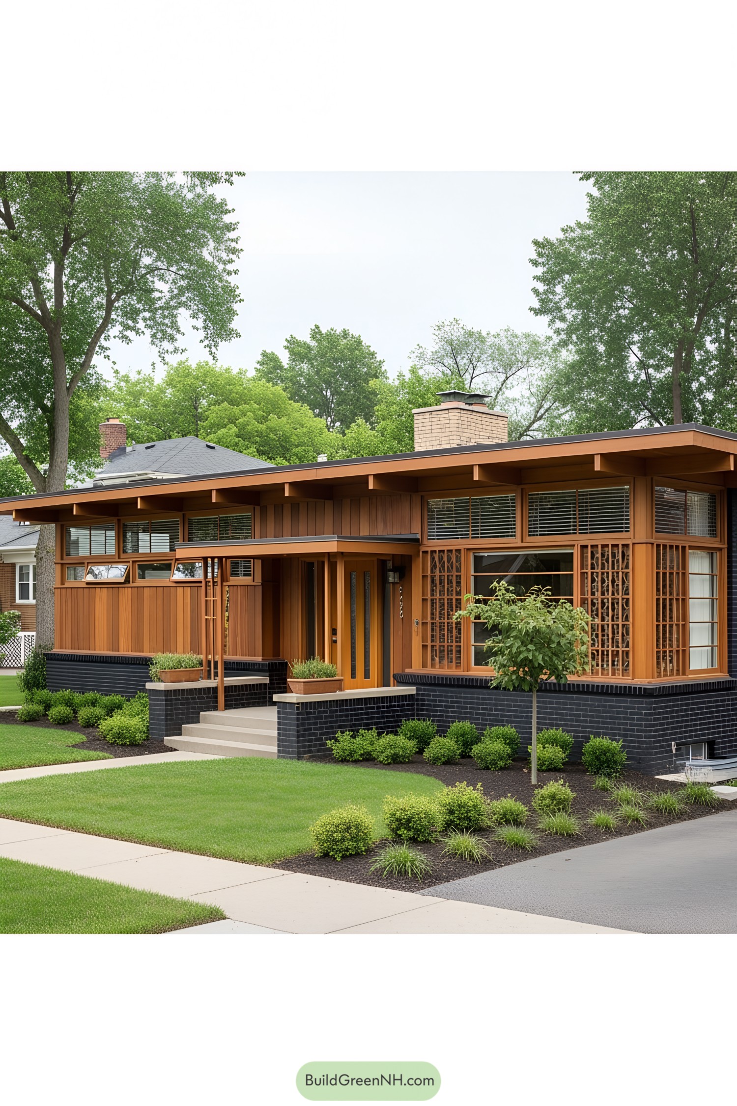 1950s ranch house with wooden accents and lush greenery