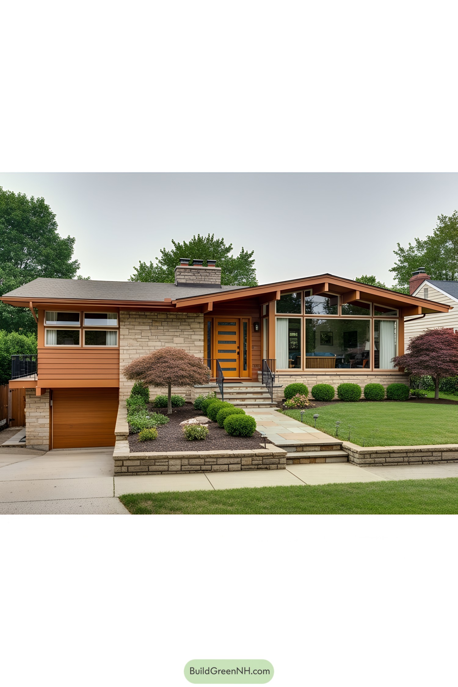 Classic 1950s ranch house with large windows and lush landscaping
