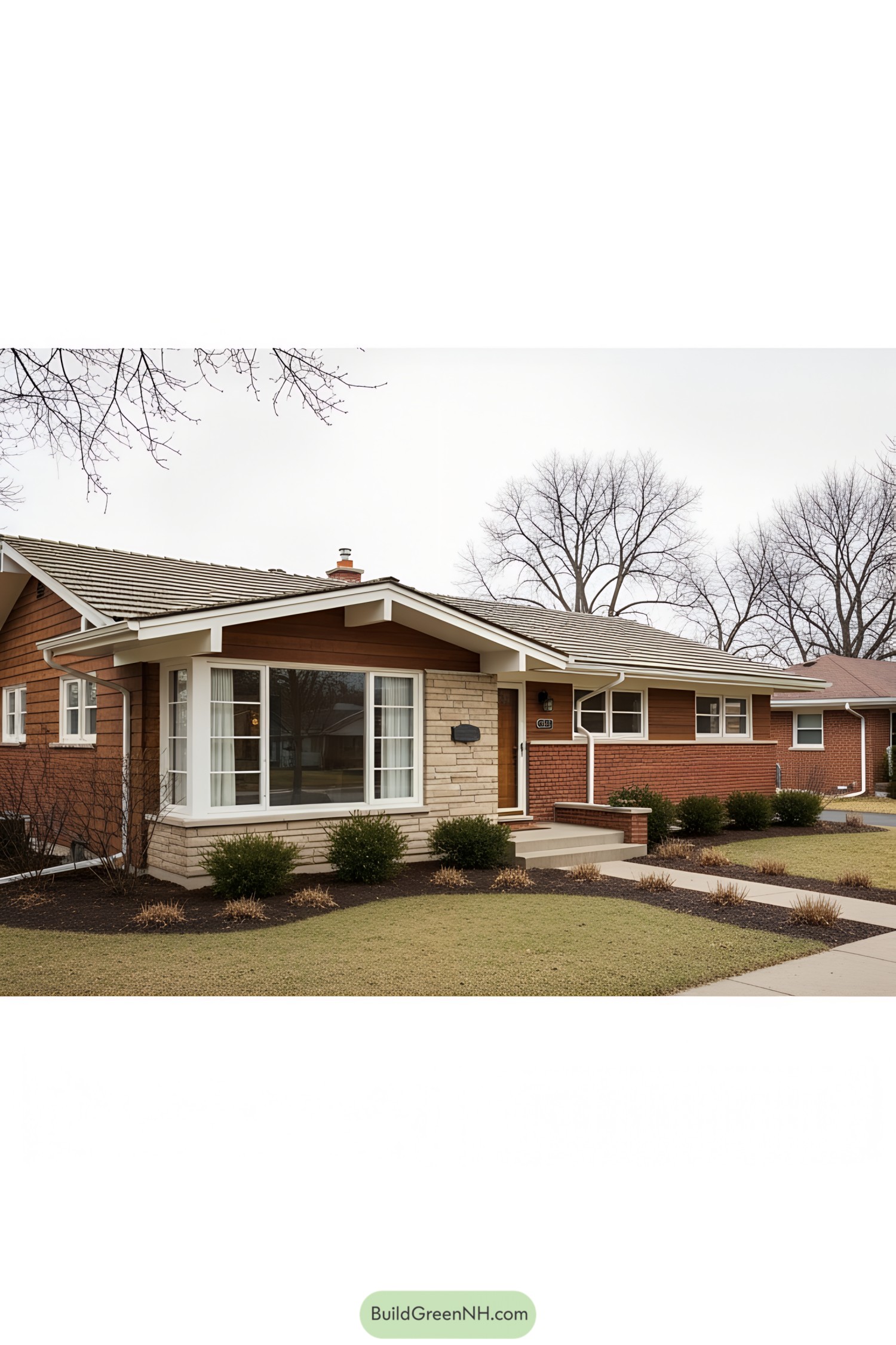 Classic 1950s ranch house with brick and stone exterior