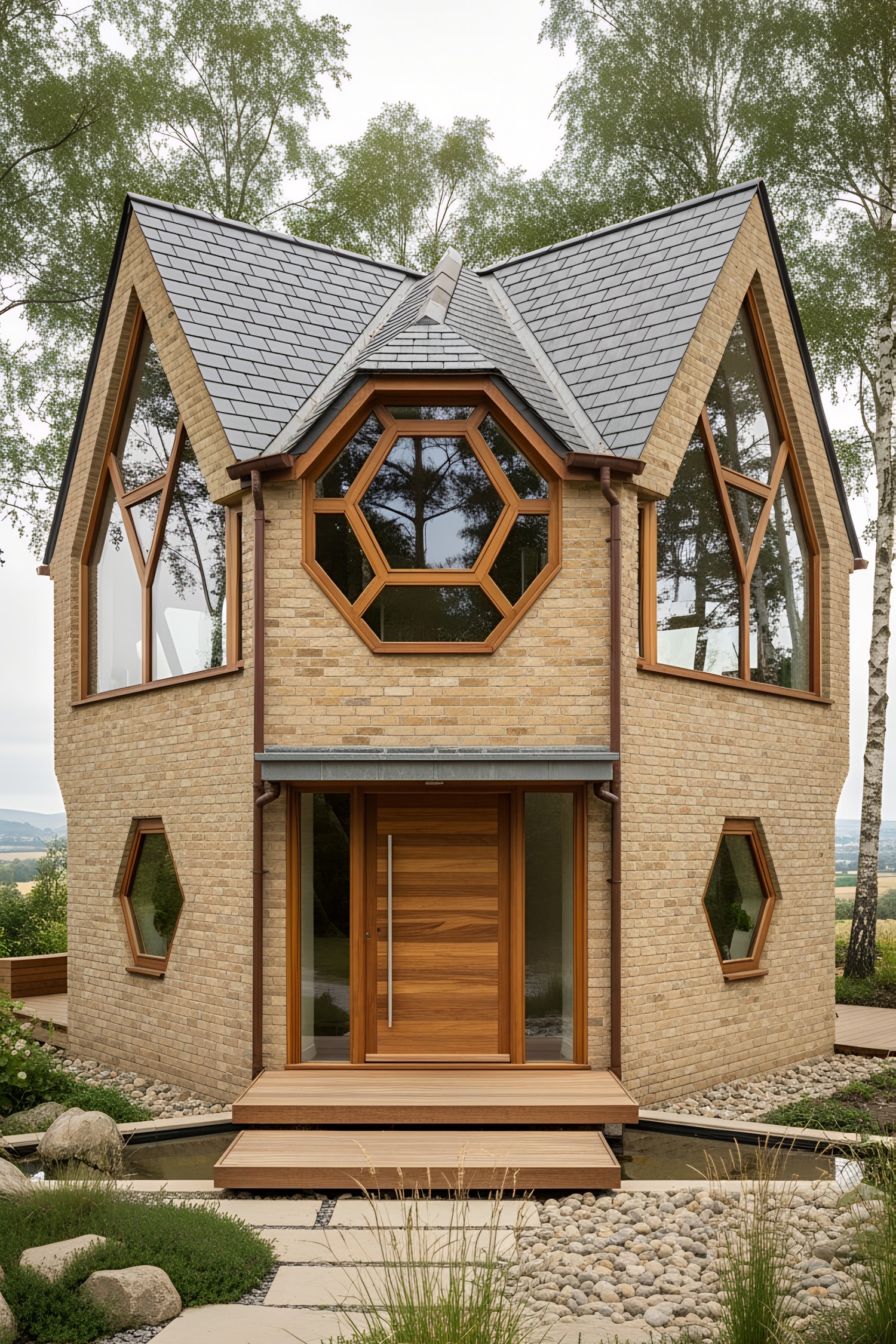 House with geometric windows surrounded by trees