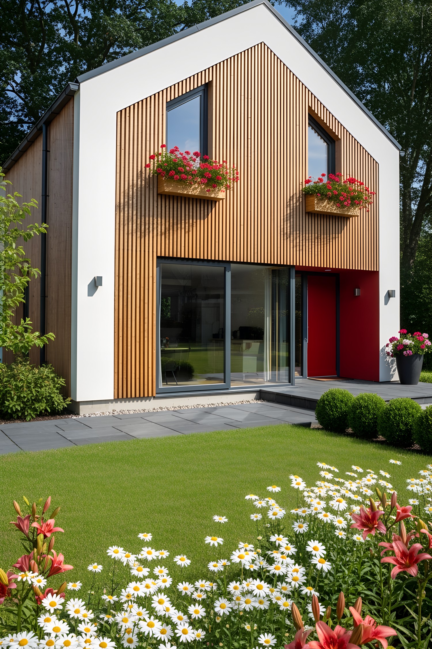Modern house with wooden facade and flower boxes