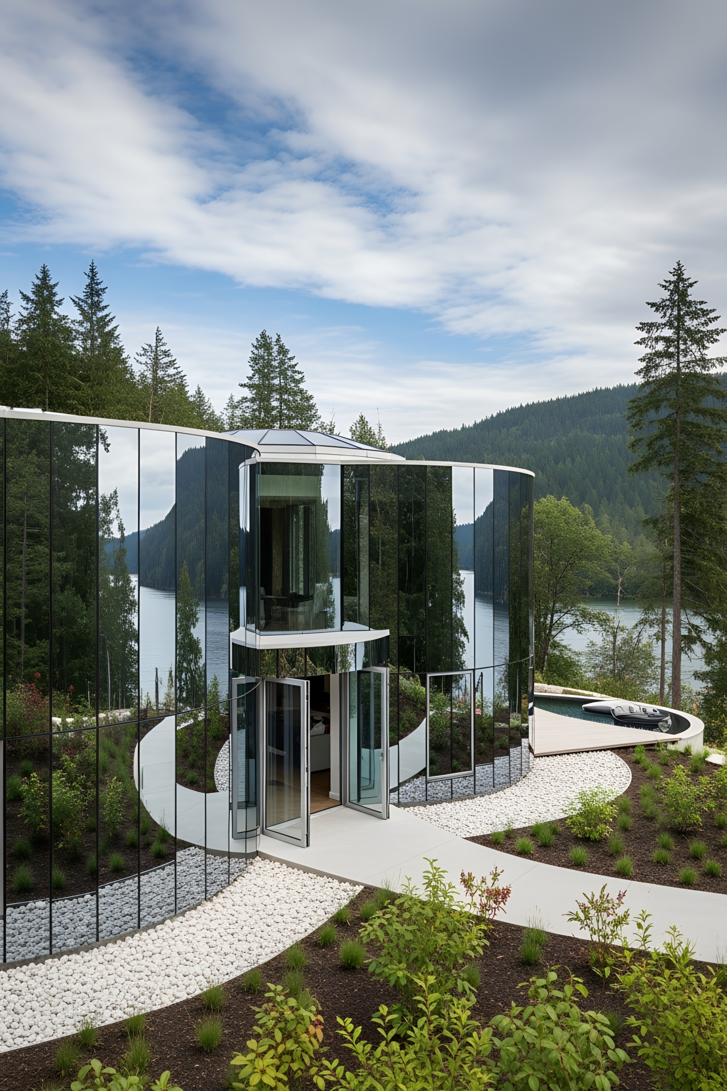 Mirror-sided house blending into its wooded lakeside surroundings