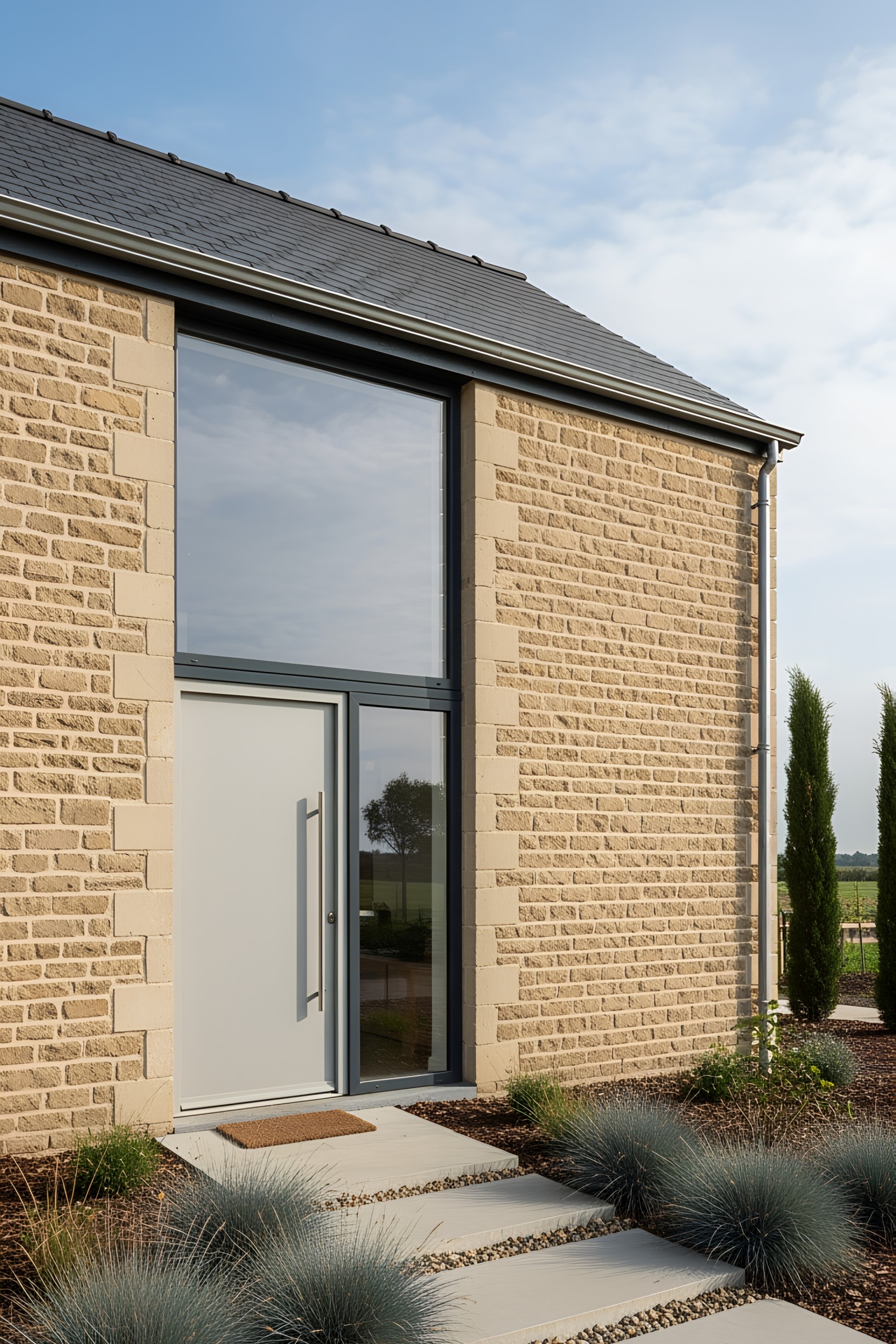 House with large rectangular windows and stone walls
